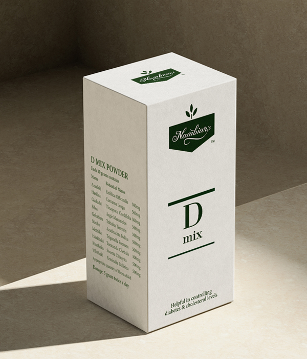 Nambiar's D Mix Powder packaging – Ayurvedic herbal supplement for diabetes and cholesterol control, featuring minimalist green and white design with natural ingredients listed. Supports natural healing and wellness.