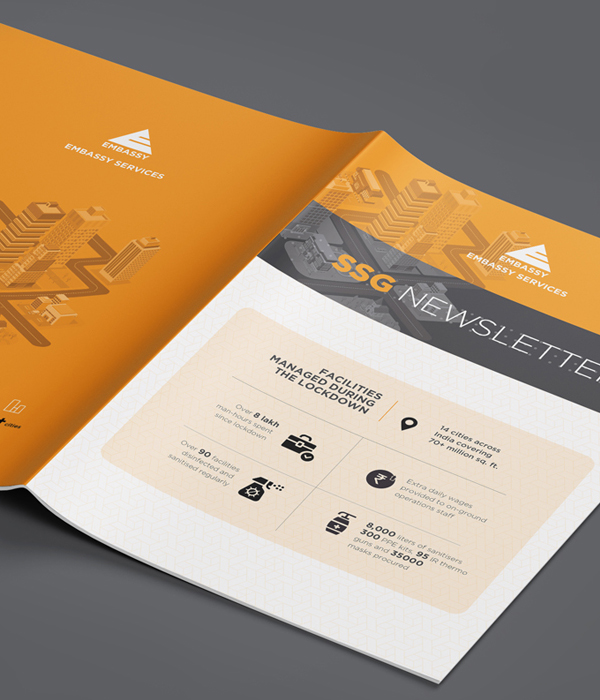 Embassy Services SSG newsletter design showcasing key facility management statistics during the lockdown. Professional corporate layout with orange branding and infographic highlights.