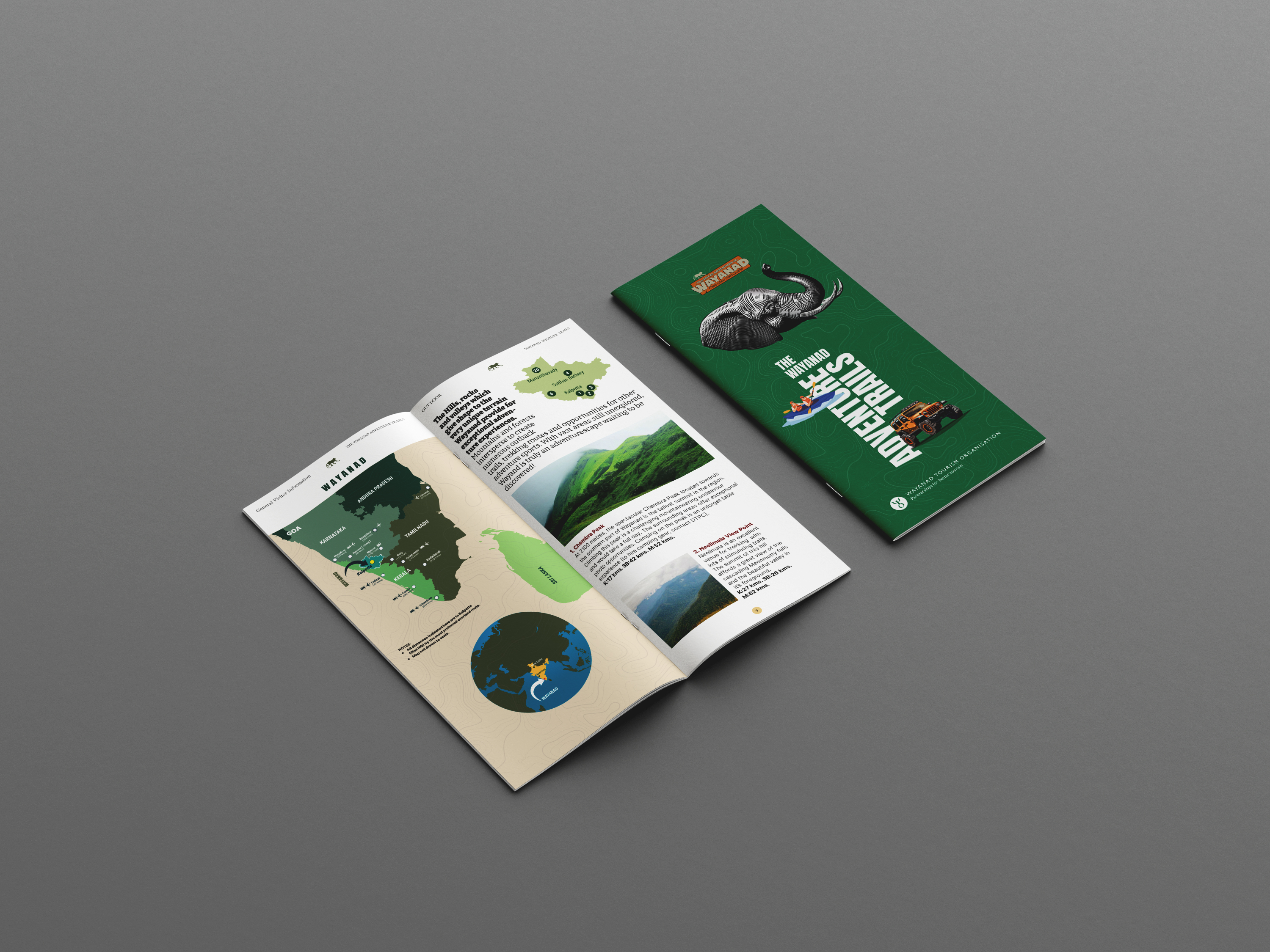 Wayanad Tourism Organisation adventure trails brochure with elephant illustration, jeep safari, and kayaking – guide to scenic landscapes, resorts, homestays, and cultural experiences in Wayanad, Kerala