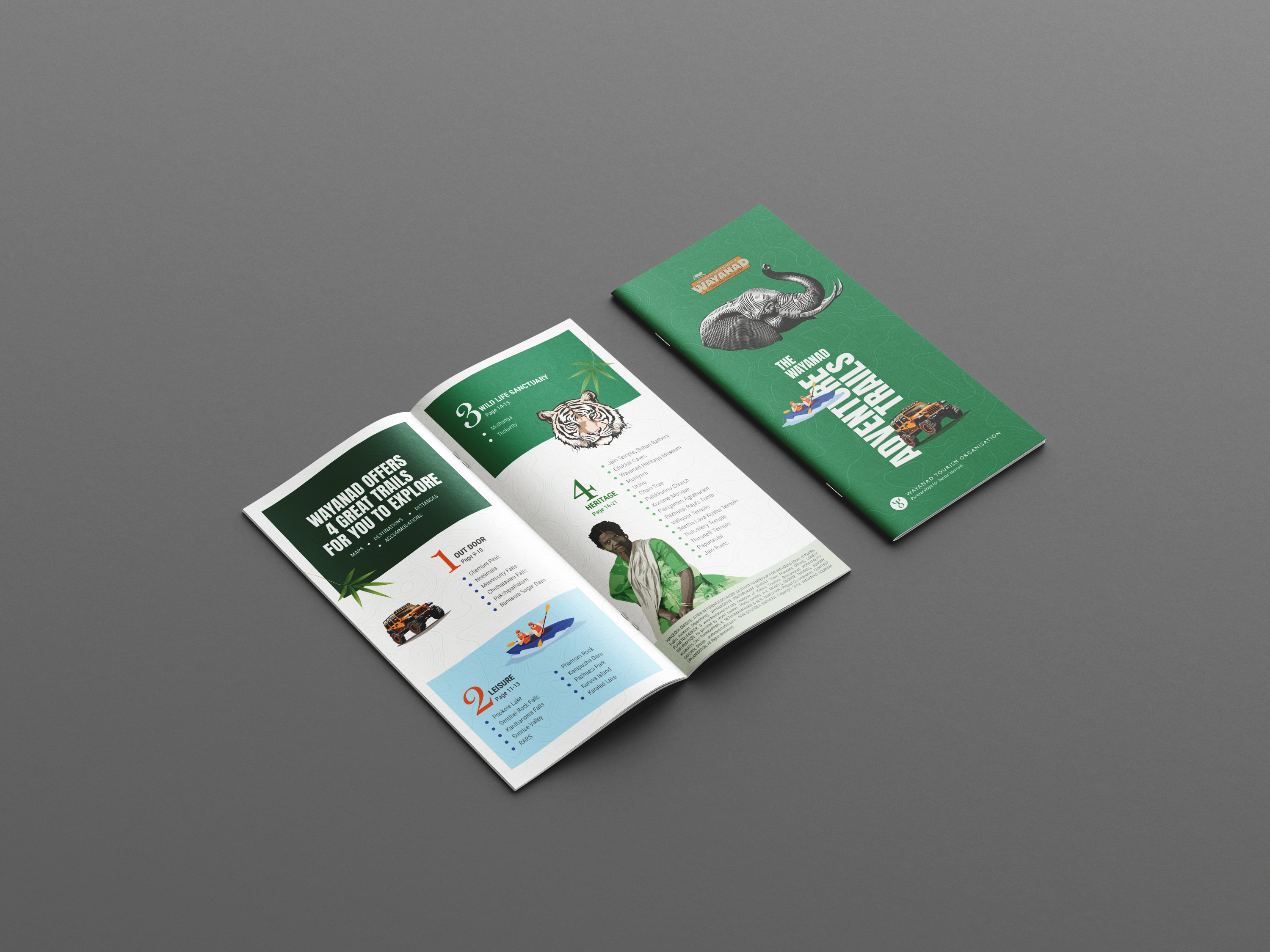 Wayanad Tourism Organisation adventure trails brochure with elephant illustration, jeep safari, and kayaking – guide to scenic landscapes, resorts, homestays, and cultural experiences in Wayanad, Kerala