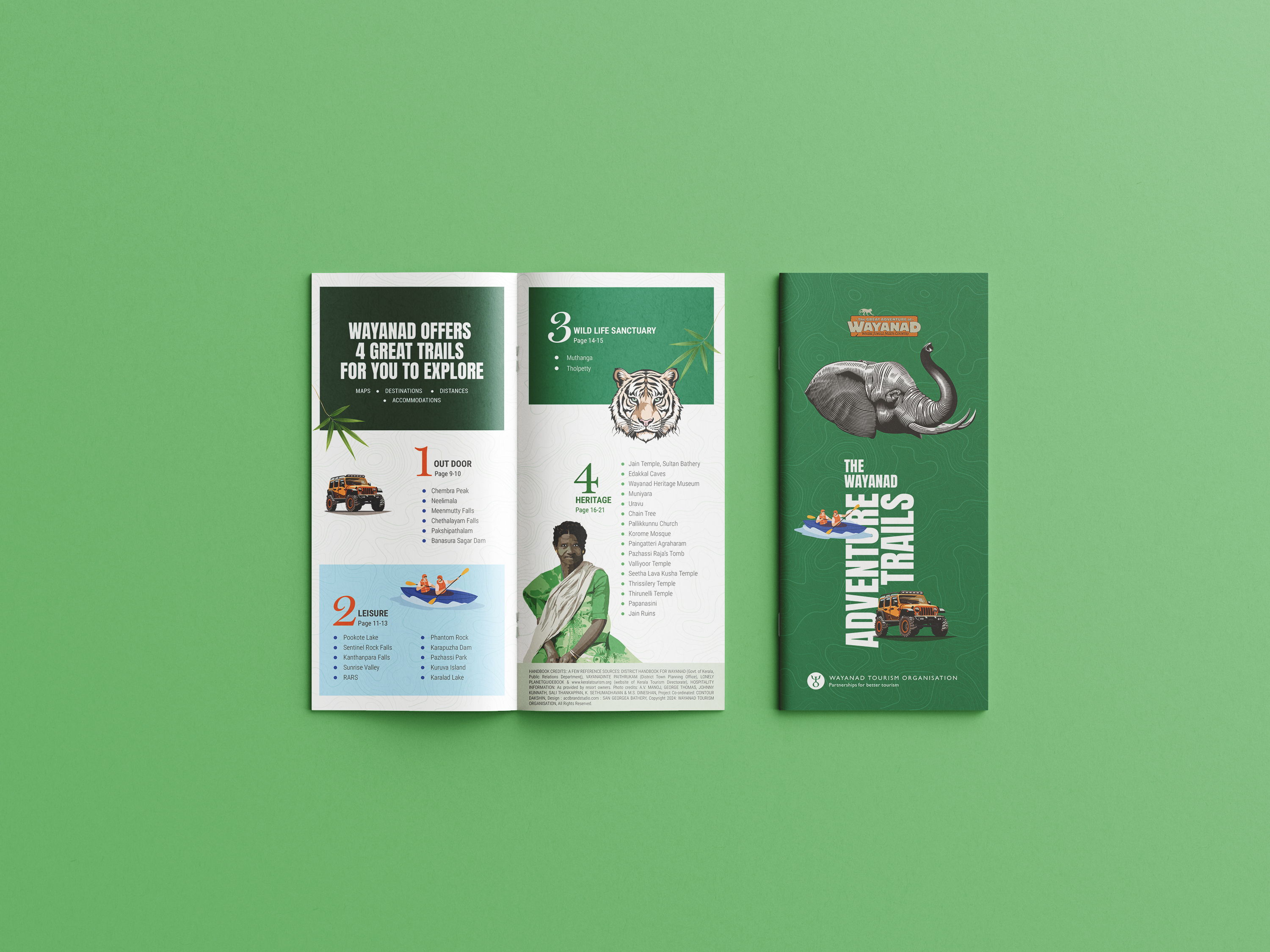 Wayanad Tourism Organisation adventure trails brochure with elephant illustration, jeep safari, and kayaking – guide to scenic landscapes, resorts, homestays, and cultural experiences in Wayanad, Kerala