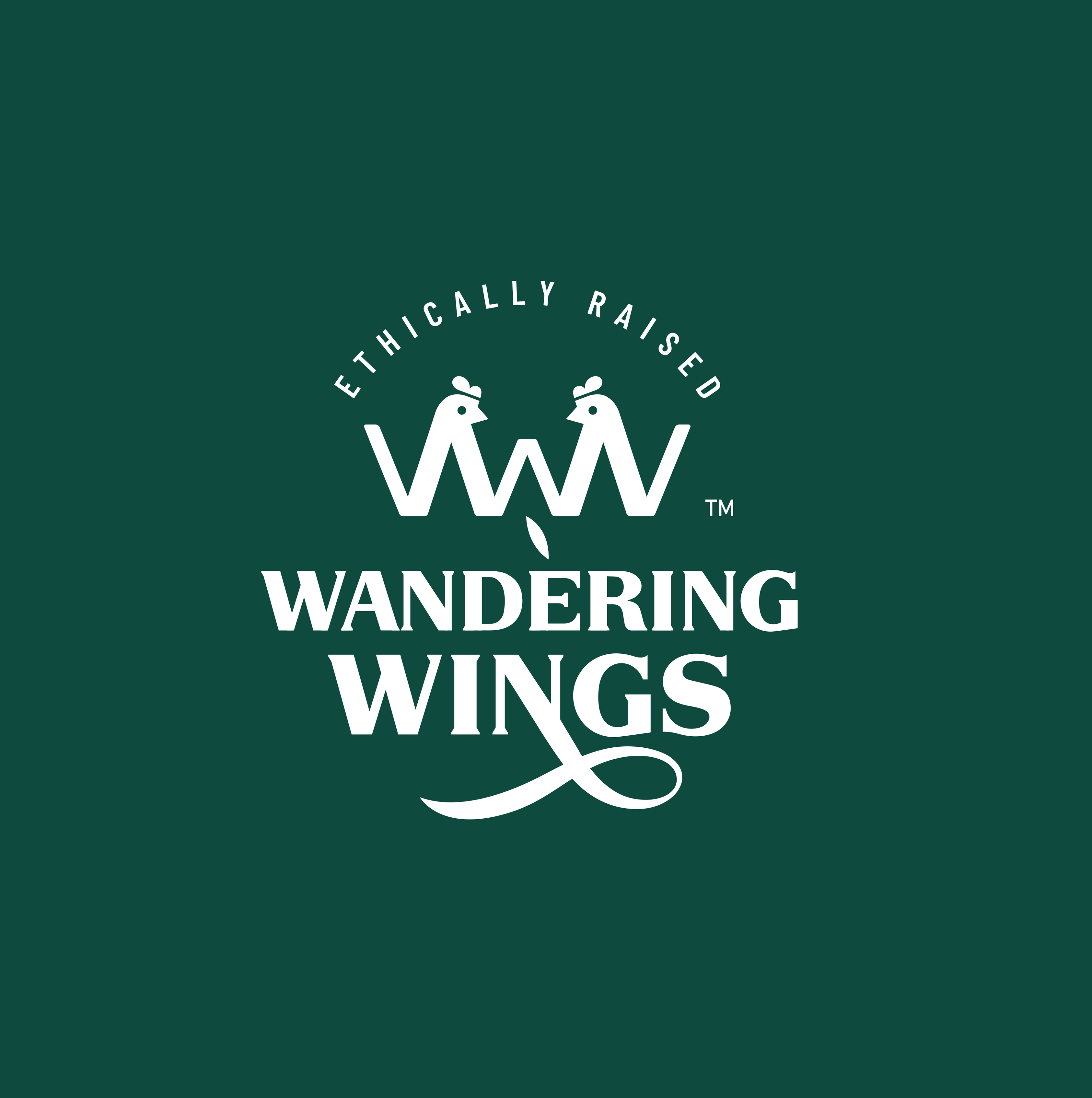 Wandering Wings logo featuring stylized 'WW' with hen heads, accompanied by the tagline 'Ethically Raised'. Represents the brand’s commitment to free-range, ethical farming