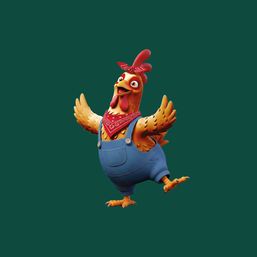 Wandering Wings mascot Happy Hen – a cheerful hen character dressed in blue overalls and a red bandana, representing free-range farming, joy, and ethical nutrition.