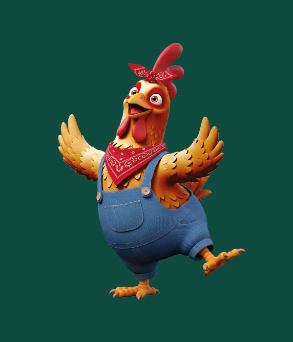 A cheerful and lively cartoon chicken character from Wandering Wings, wearing a red bandana and blue denim overalls, 
              with its wings raised in a welcoming gesture.