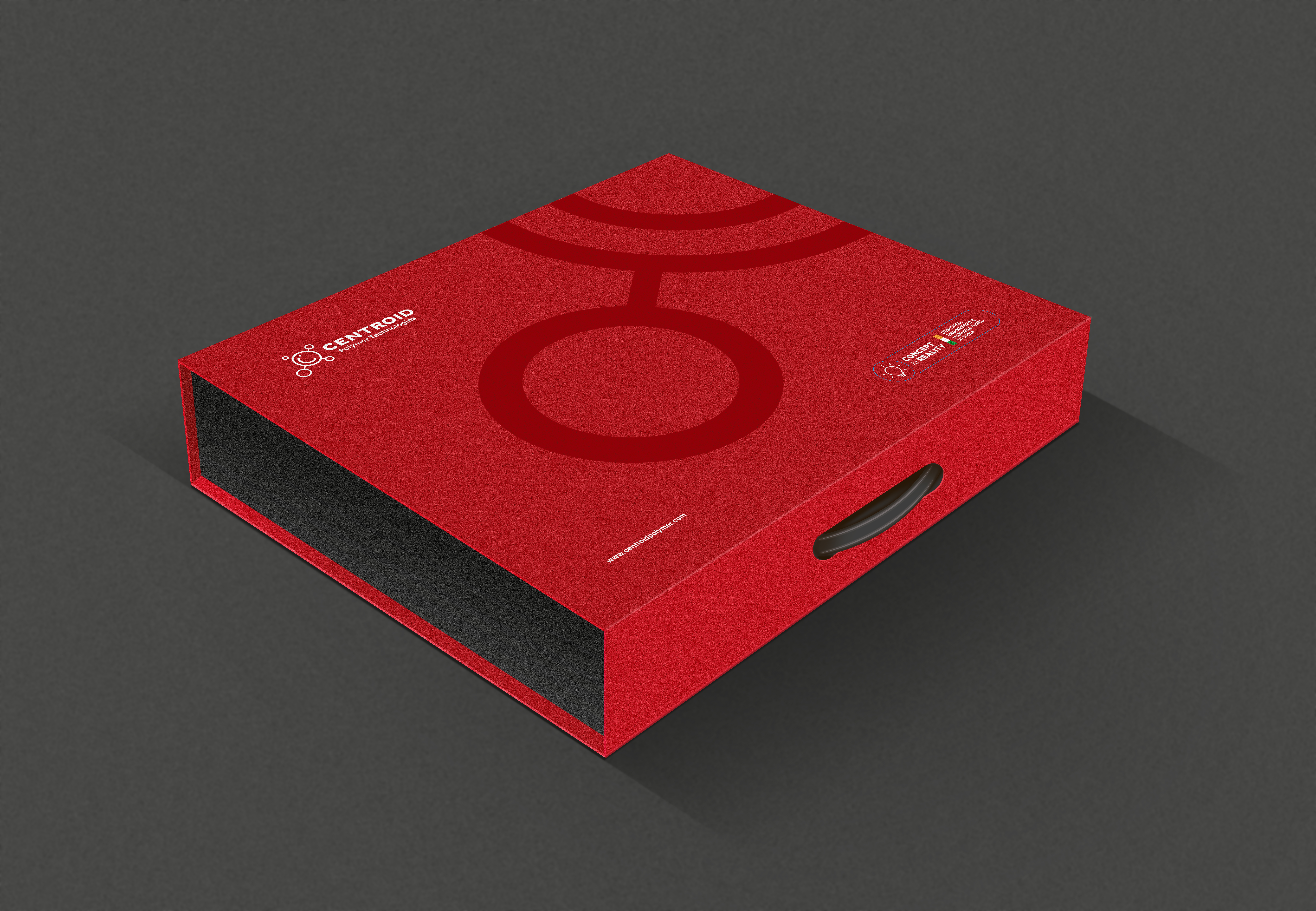 Centroid Polymer Technologies portfolio box with a bold red design, featuring the company logo and minimalistic graphic elements, used for showcasing products and services
