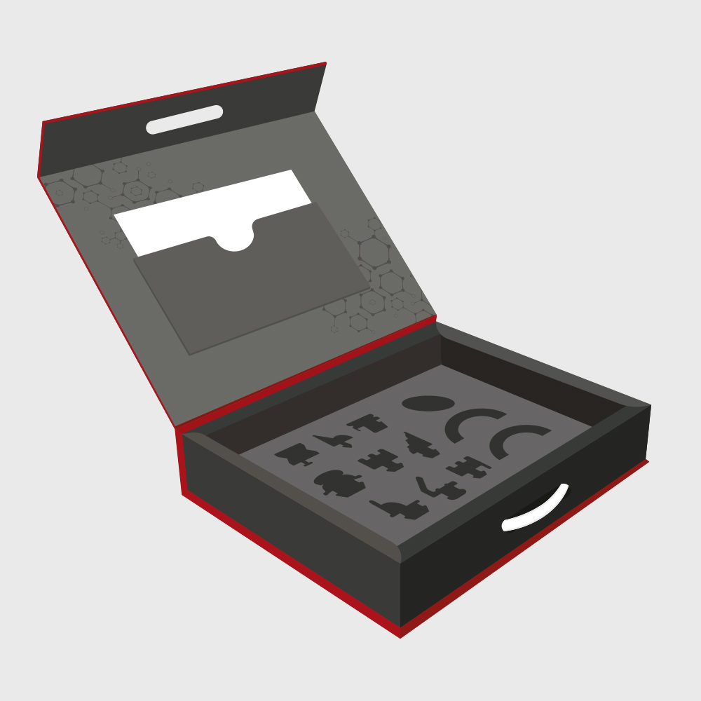 Inside view of Centroid Polymer Technologies portfolio box featuring custom die-cut foam inserts and a document holder, designed to securely display polymer samples and promotional materials