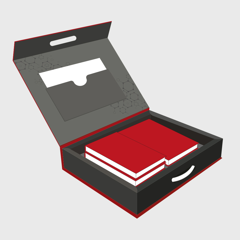 Inside view of Centroid Polymer Technologies portfolio box featuring custom die-cut foam inserts and a document holder, designed to securely display polymer samples and promotional materials