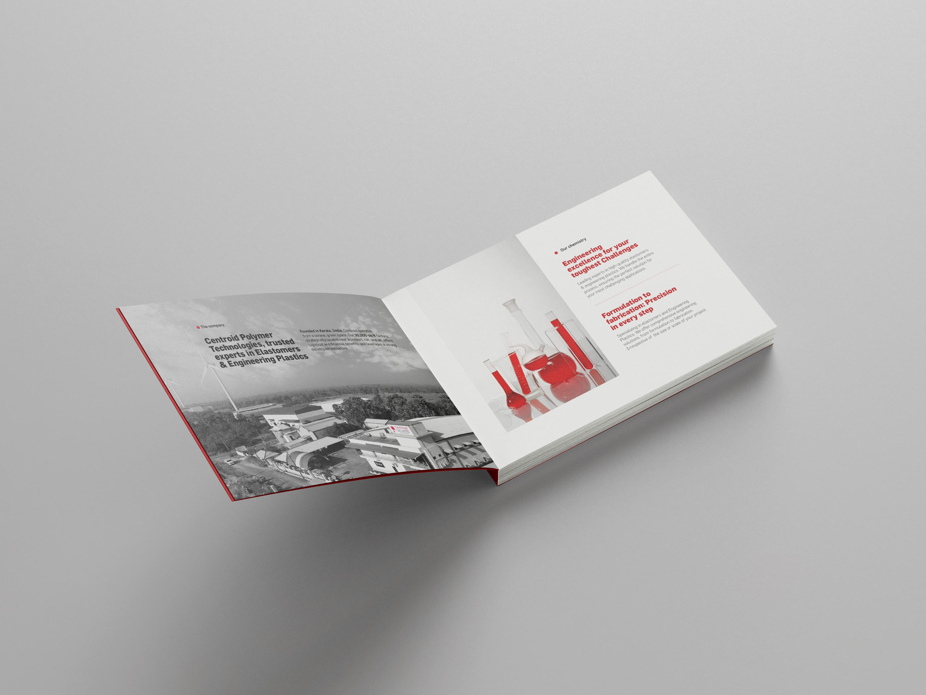 Centroid Polymer Technologies brochure design showcasing tubes and hoses with bold red and black colors, featuring the tagline 'Superior Quality Built to Withstand Extreme Conditions