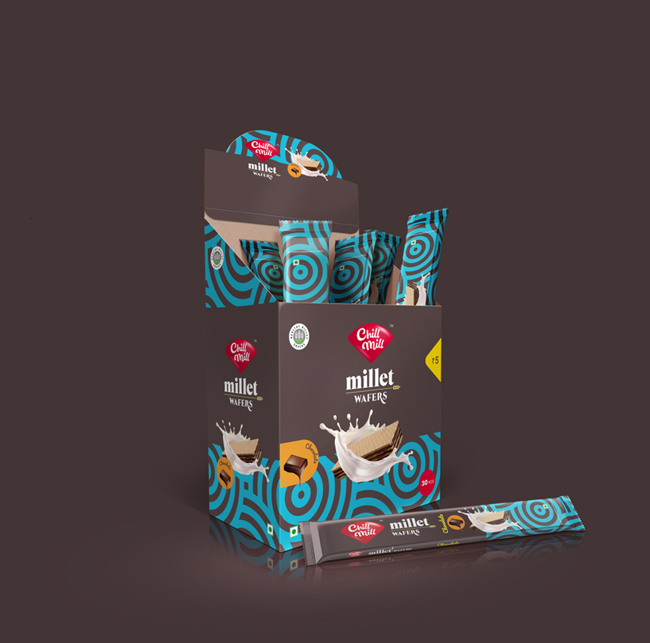 Chill Mill millet wafers box display with chocolate flavor – healthy and delicious millet-based snack pack 