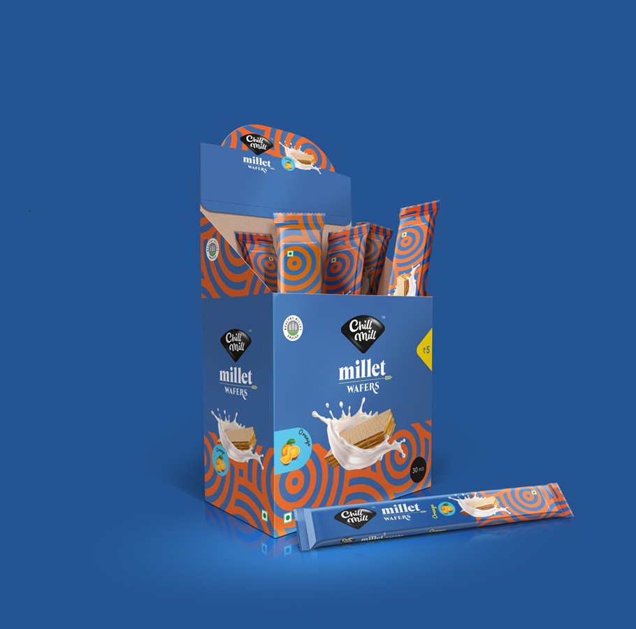 Chill Mill millet wafers box display with orange flavor – healthy and delicious millet-based snack pack