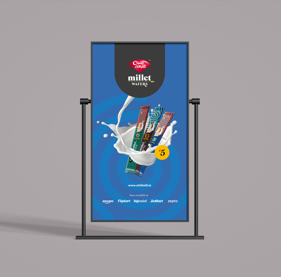 Chill Mill millet wafers standee display featuring chocolate, strawberry, and orange flavors with milk splash 