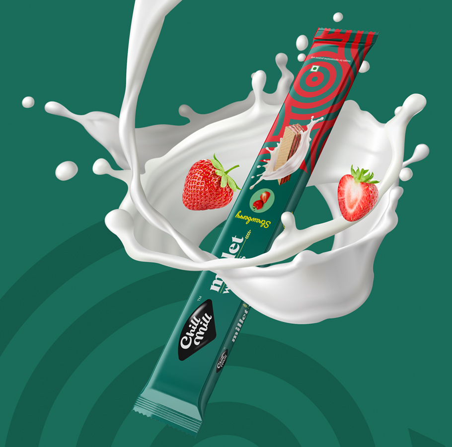 Chill Mill strawberry millet wafer bar with fresh strawberries and milk splash – healthy and tasty snack option