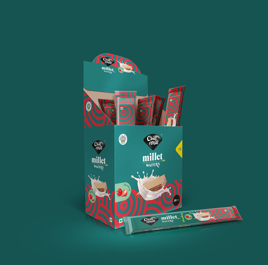 Chill Mill millet wafers box display with strawberry flavor – healthy and delicious millet-based snack pack
