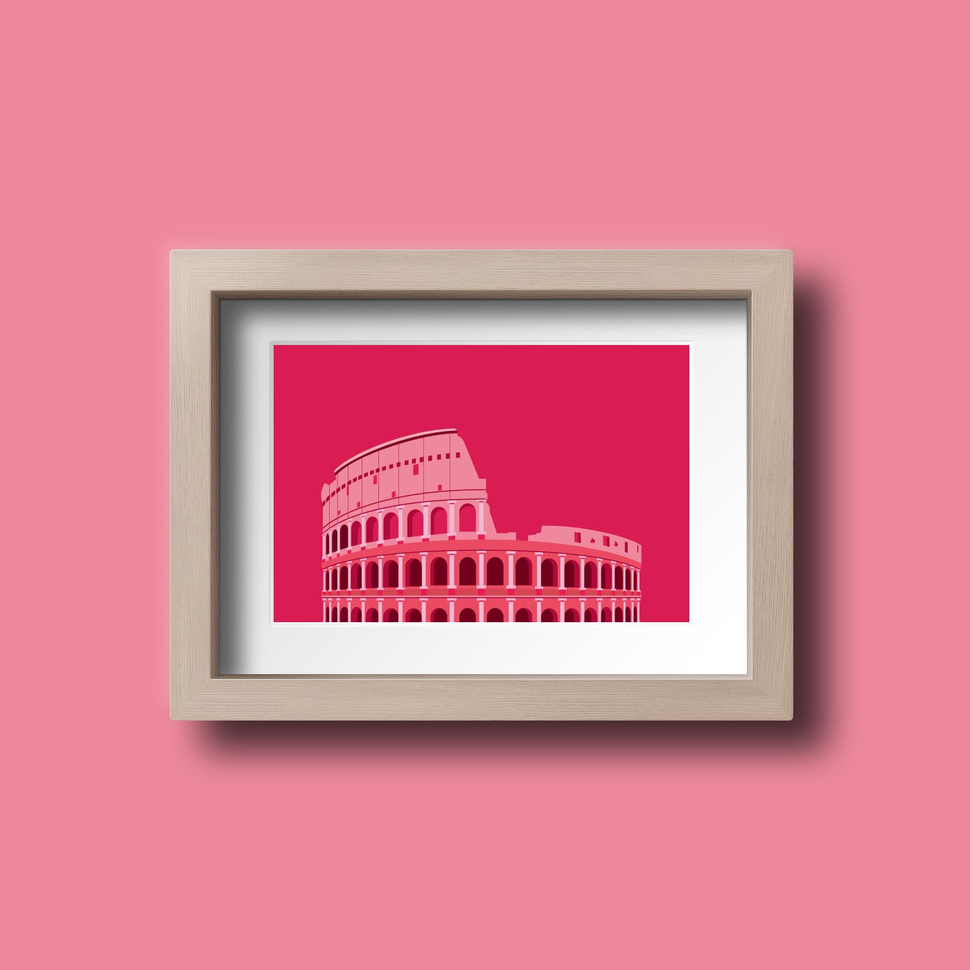 Club W framed minimalist art print of the Colosseum in soft pink hues on matching pink background, blending modern design with historical elegance