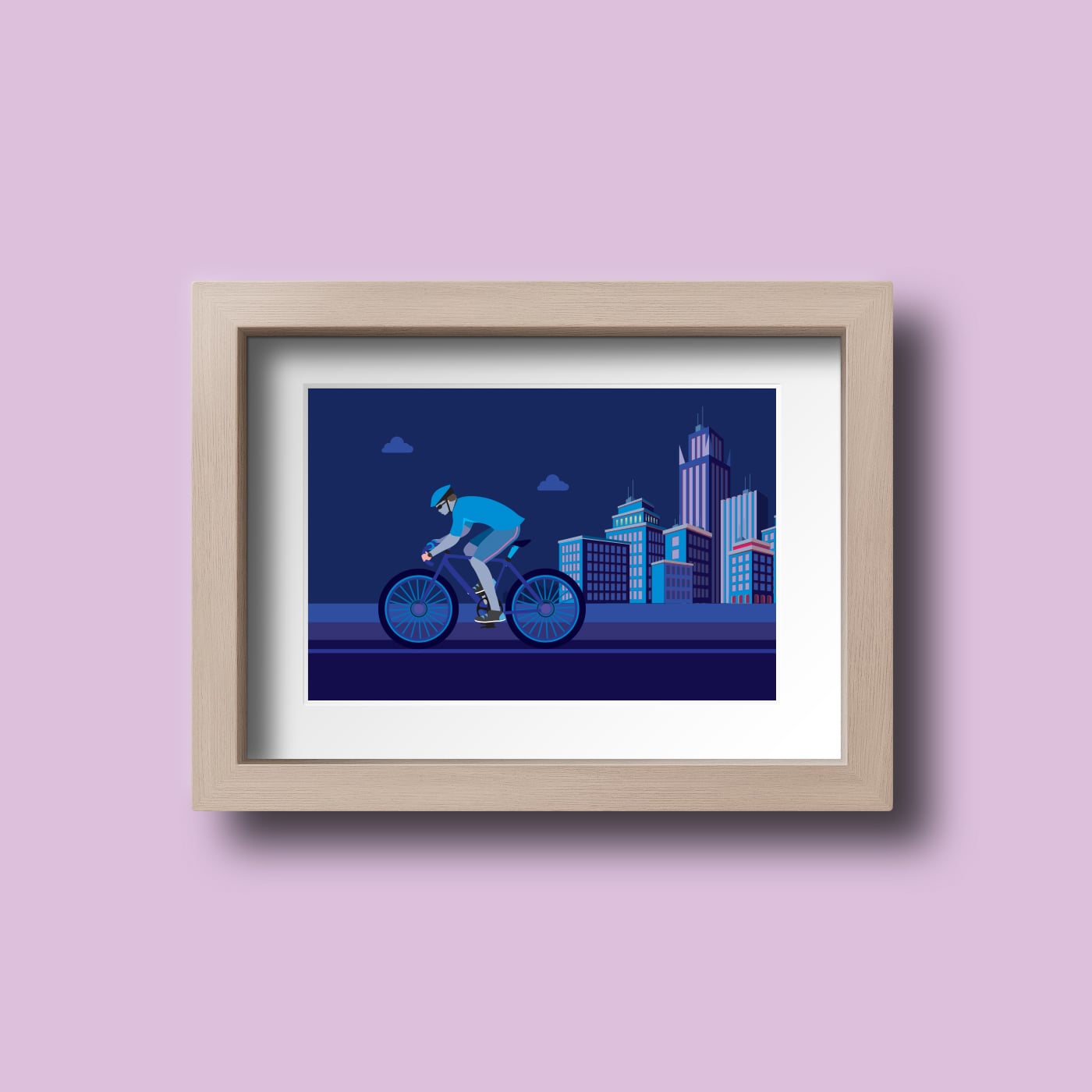 Club W framed illustration of night-time cityscape with cyclist in blue tones, set against soft pink background, blending modern design with urban exploration theme