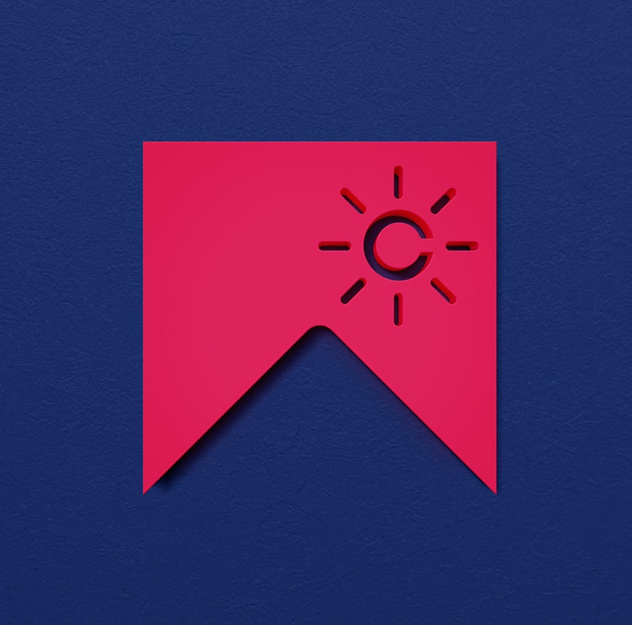 Club W red flag icon featuring a sun and stylized letter C, displayed on textured blue background, symbolizing bold brand identity and vibrant visual design