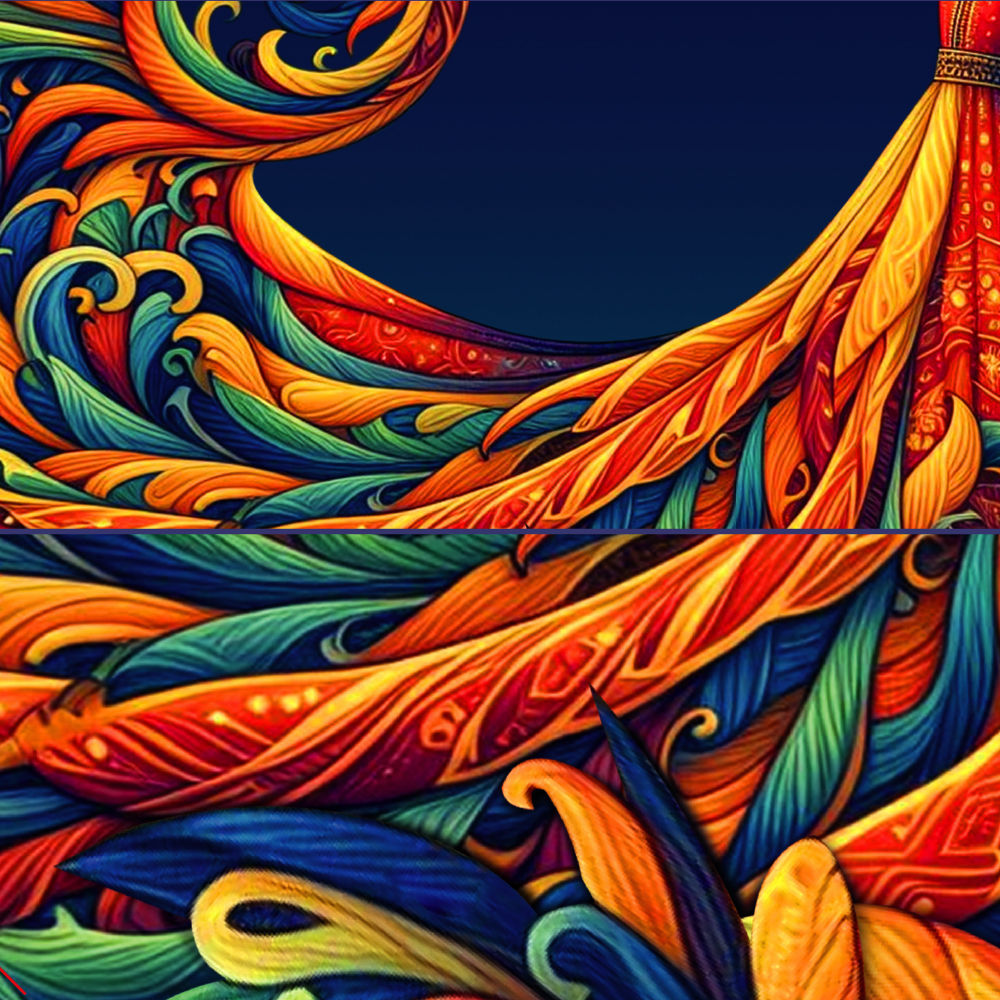 Close-up detail of a girl's vibrant Diwali frock drapery featuring swirling, multicolored patterns in shades of orange, red, green, and blue, designed for Sweet Stories festive packaging.