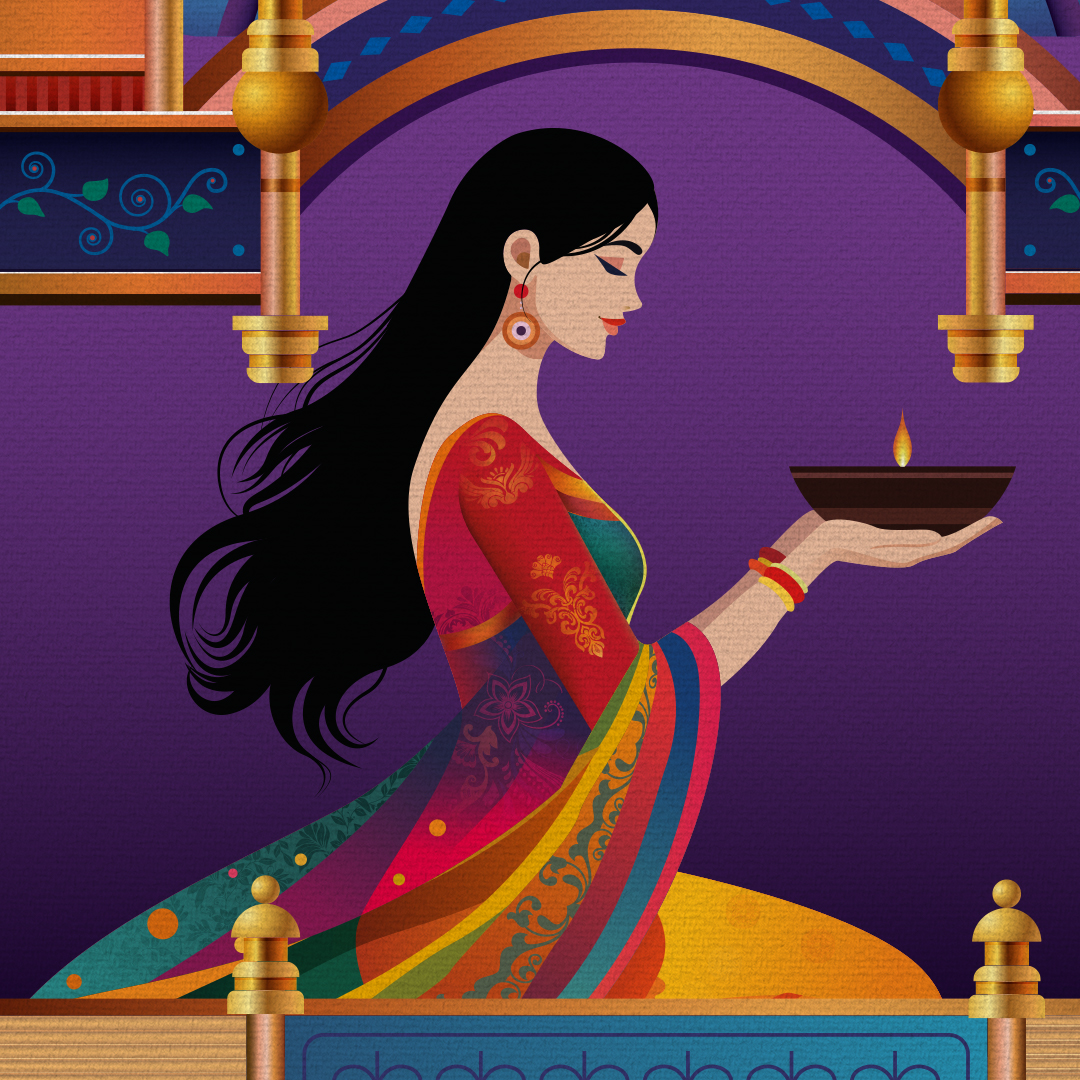Illustration of an Indian woman in a vibrant saree holding a lit diya, 
                featured in Sweet Stories Diwali packaging. 
                She is shown in profile, symbolizing grace, tradition, and festive warmth.