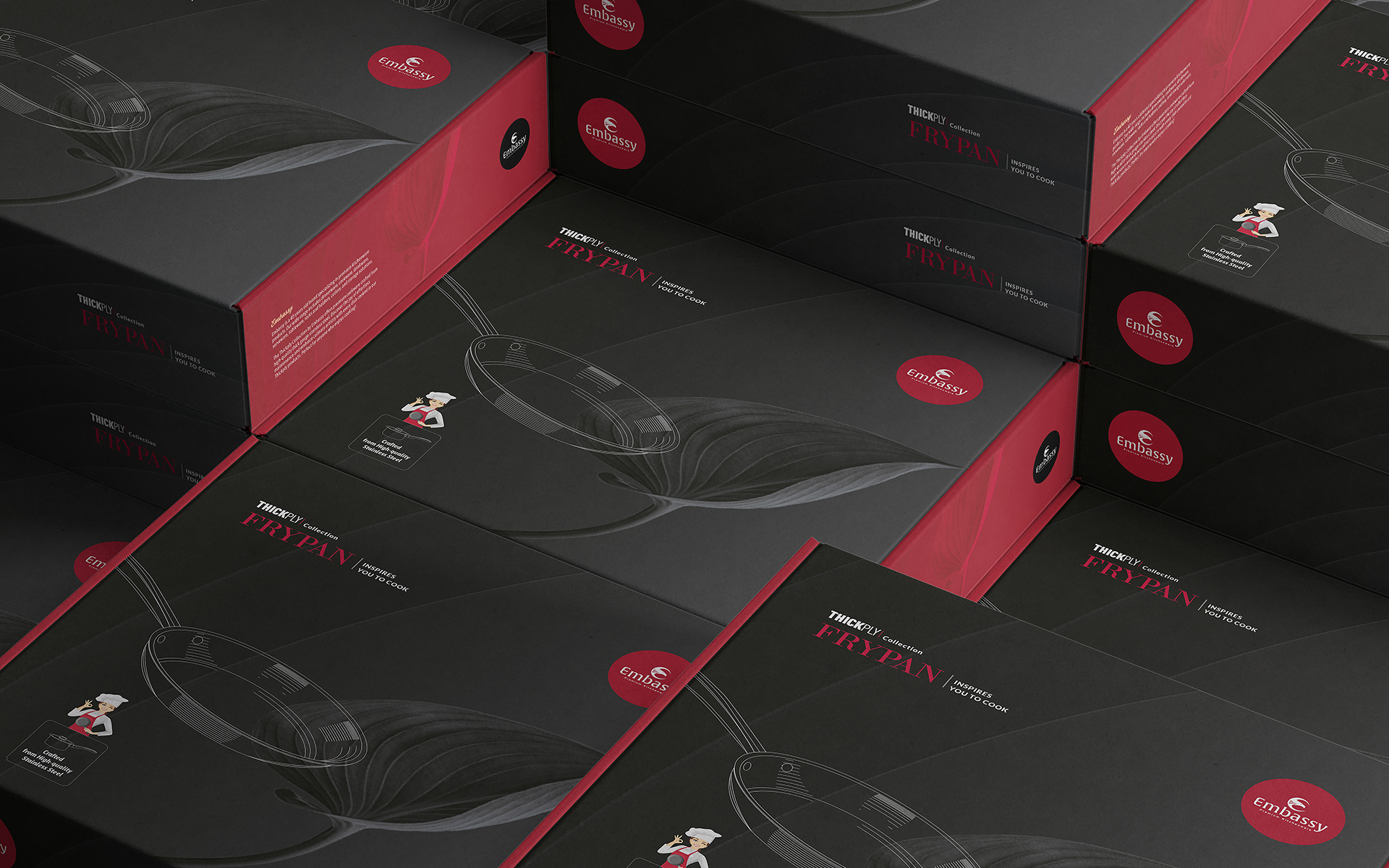 Embassy Cookware Thickply Frypan packaging design – premium non-stick cookware box with sleek black and red branding, durable kitchenware packaging, and professional frypan illustration.