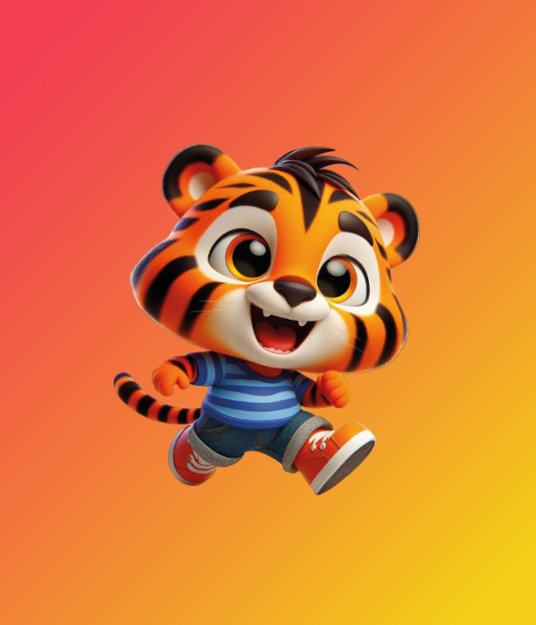 Adorable cartoon tiger character wearing a blue striped 
                shirt, denim pants, and red sneakers, with a cheerful expression and a vibrant gradient background.