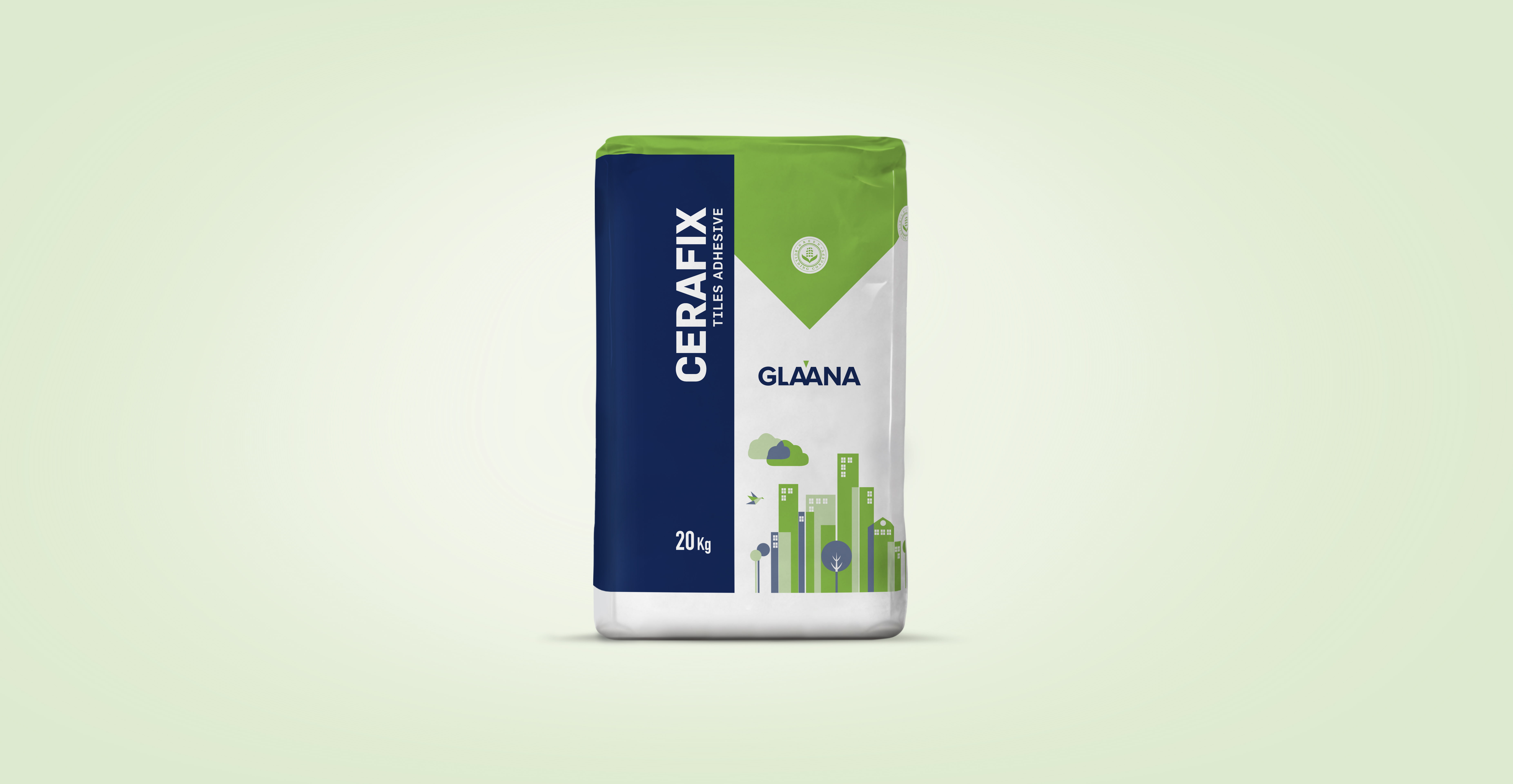 Glaana Cerafix Tiles Adhesive 20kg bag with modern green-blue cityscape design, showcasing eco-friendly construction and waterproofing branding