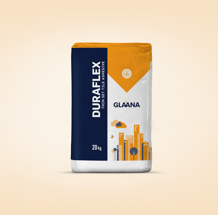 Glaana Duraflex Thin Set Tile Adhesive 20kg packaging with blue-orange branding and cityscape design representing eco-conscious waterproofing solution