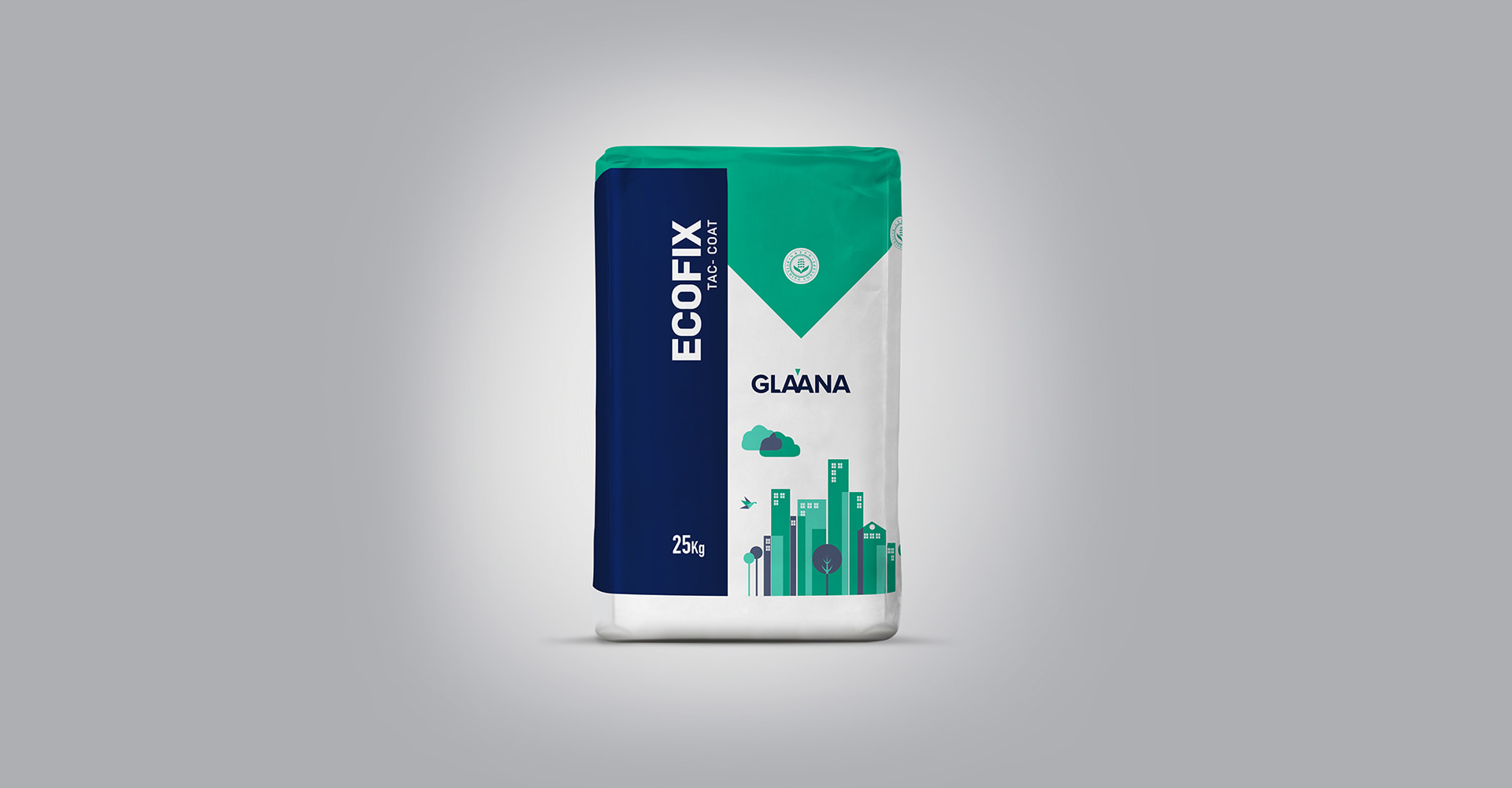 Glaana Ecofix Tac Coat 25kg bag with green-blue branding and cityscape illustration promoting sustainable waterproofing solutions
