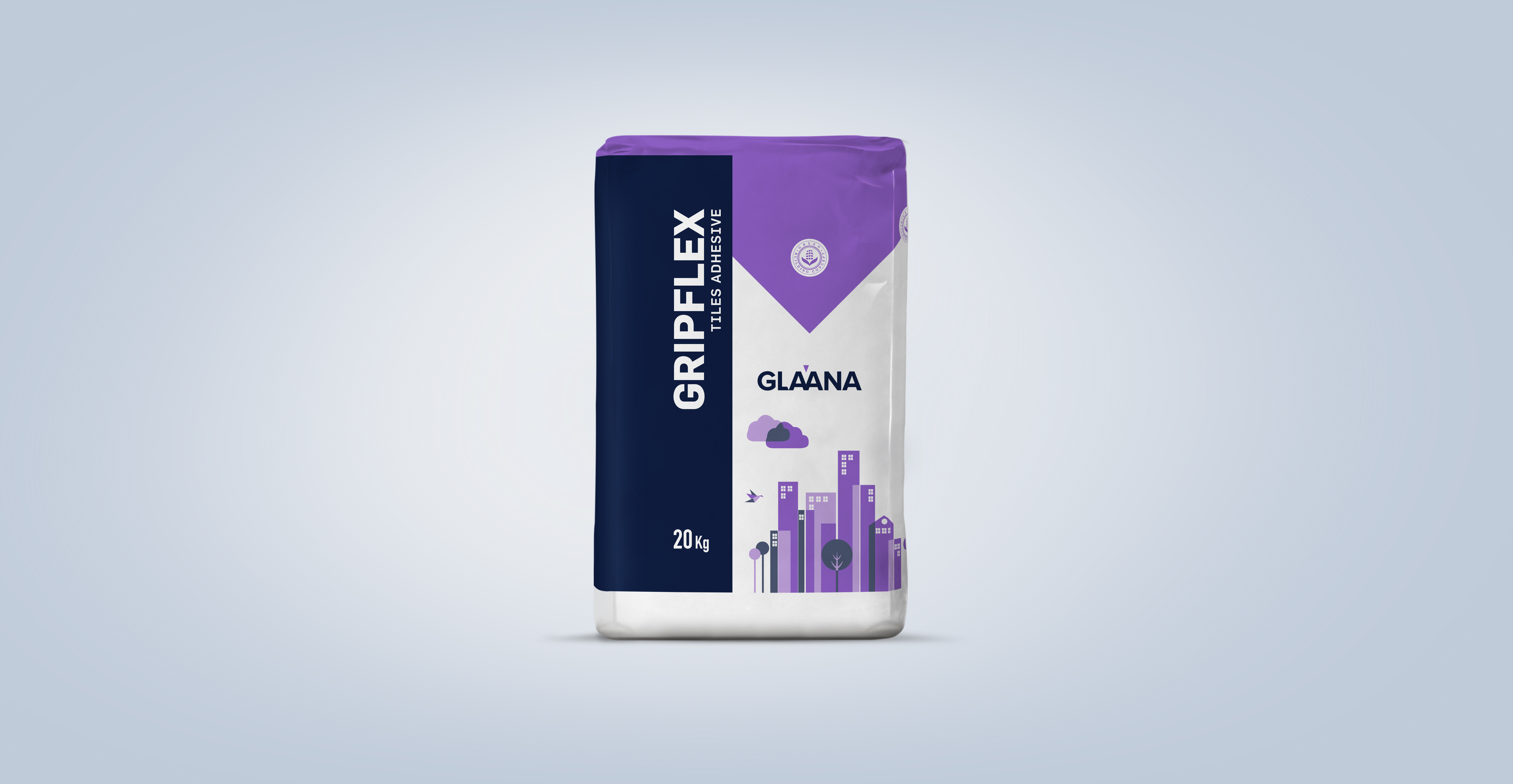 Glaana Gripflex Tiles Adhesive 20kg packaging in purple and white with cityscape design, showcasing eco-friendly waterproofing solution for construction