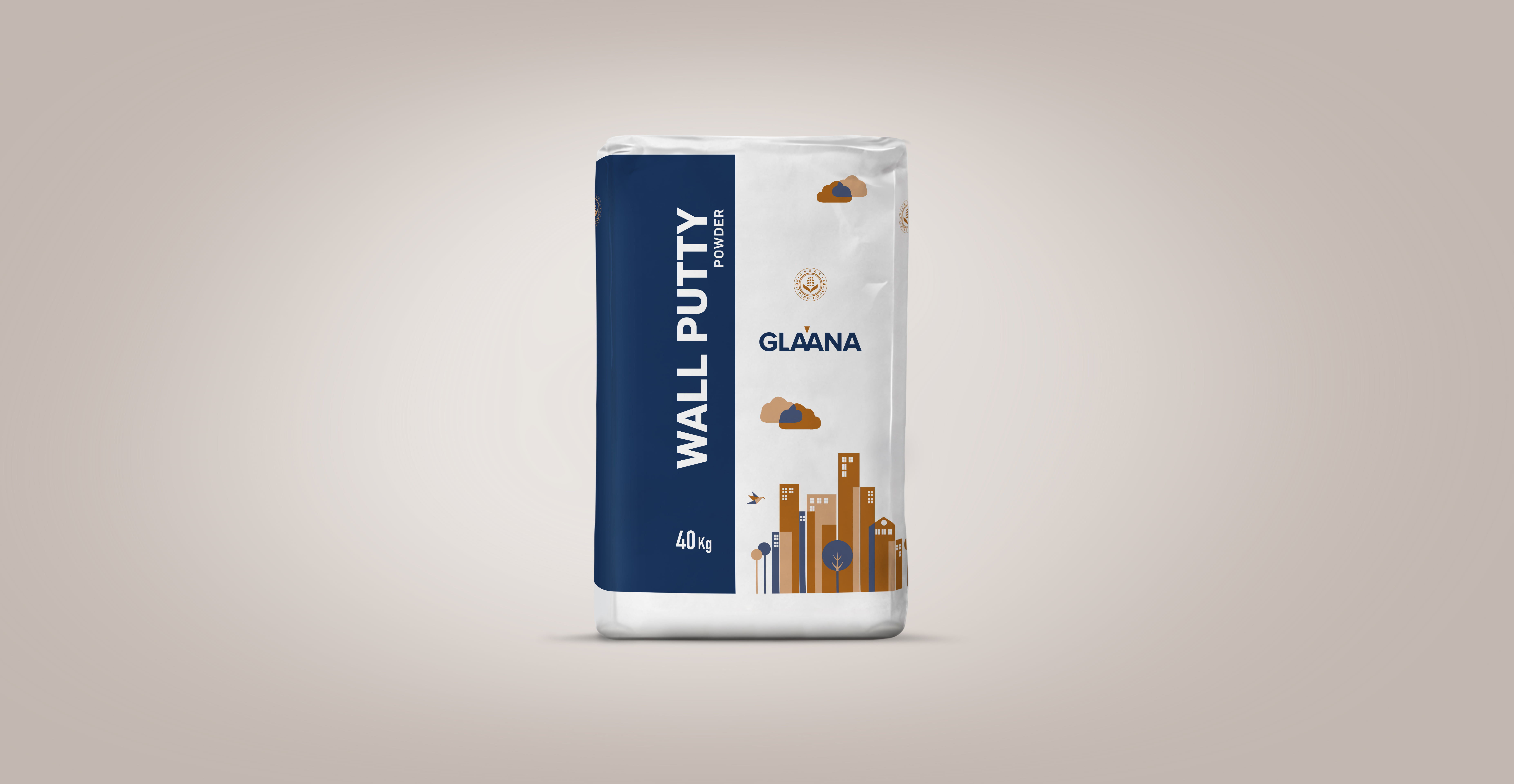 Glaana Wall Putty Powder 40kg packaging with blue and white design, featuring modern cityscape and cloud graphics symbolizing sustainable construction solutions