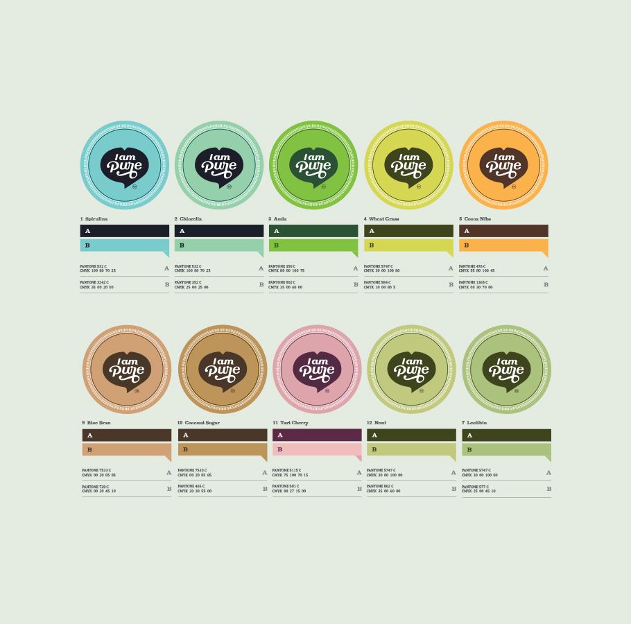 A graphic showing the brand identity and color palette for the I am Pure Super Helse dietary supplement products. It features ten different circular logos, each with a unique color scheme, numbered and labeled with the specific product name and corresponding Pantone and CMYK color values.