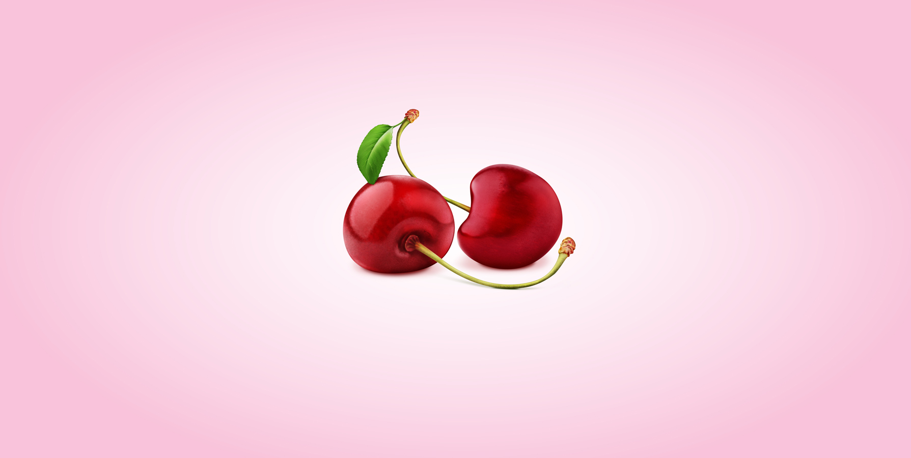 A photorealistic image of two shiny, deep red cherries with green stems and leaves, lying on a soft, light pink gradient background.