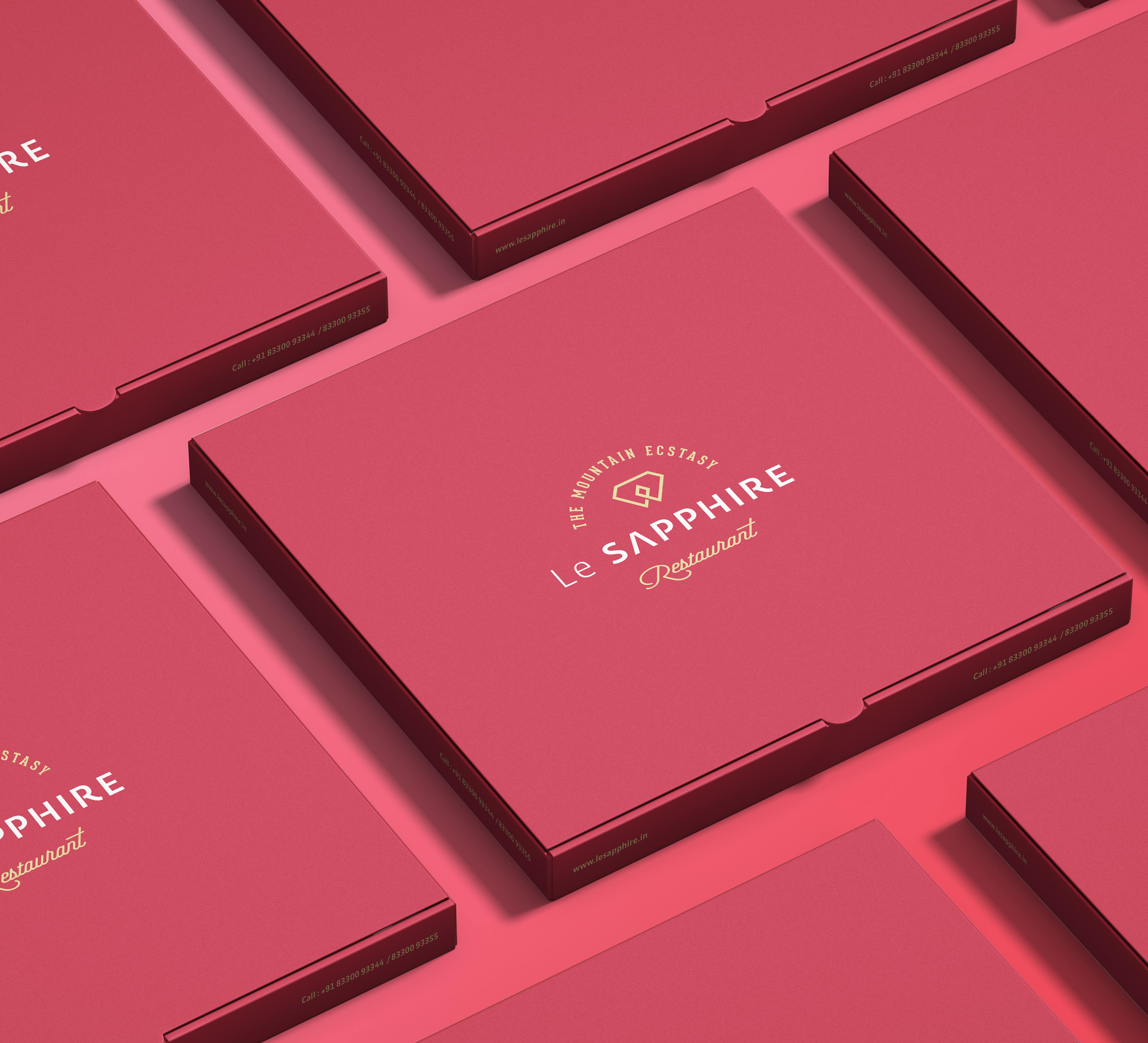 Le SAPPHIRE Restaurant custom-branded red food packaging boxes