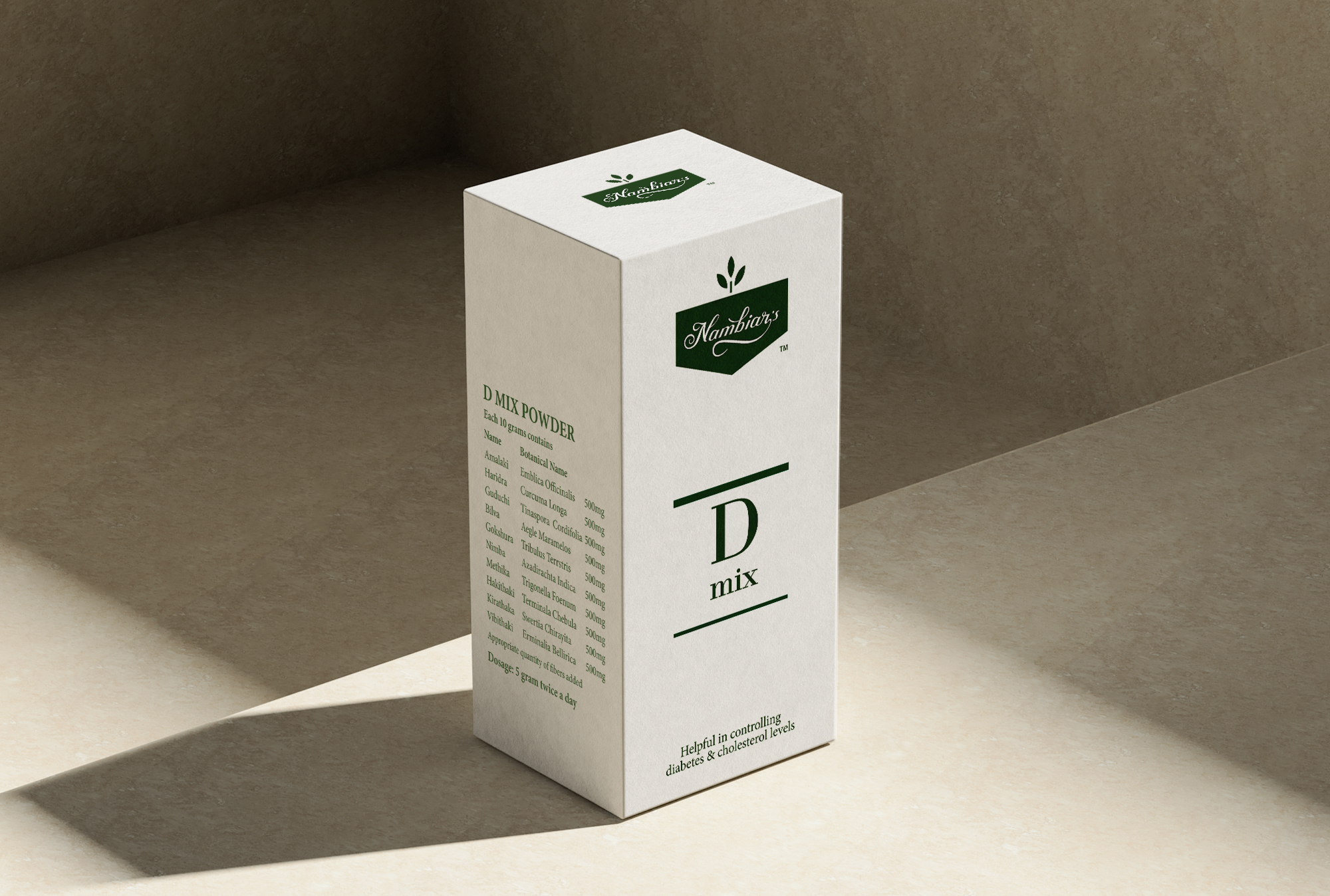 Nambiar's D Mix herbal powder box packaging for diabetes and cholesterol control with Ayurvedic ingredients