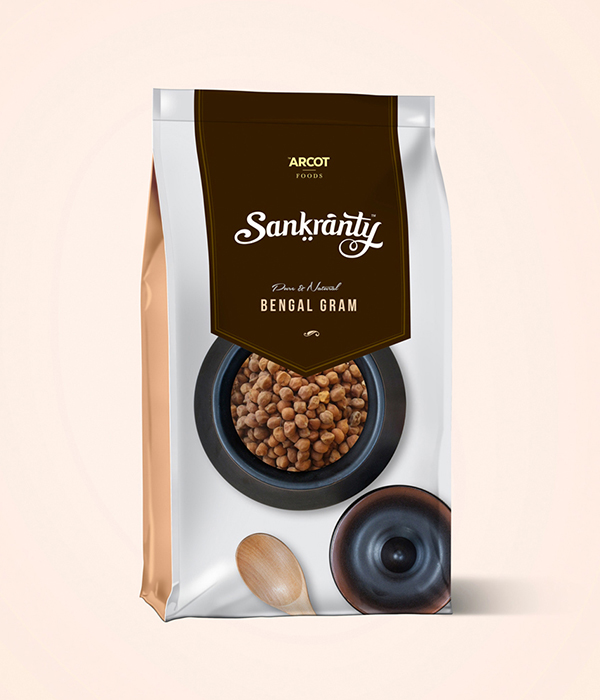 A bag of Arcot Foods Sankranty Bengal Gram, 
                featuring a clean, modern design with a brown and white color scheme and a bowl of the product on the front.