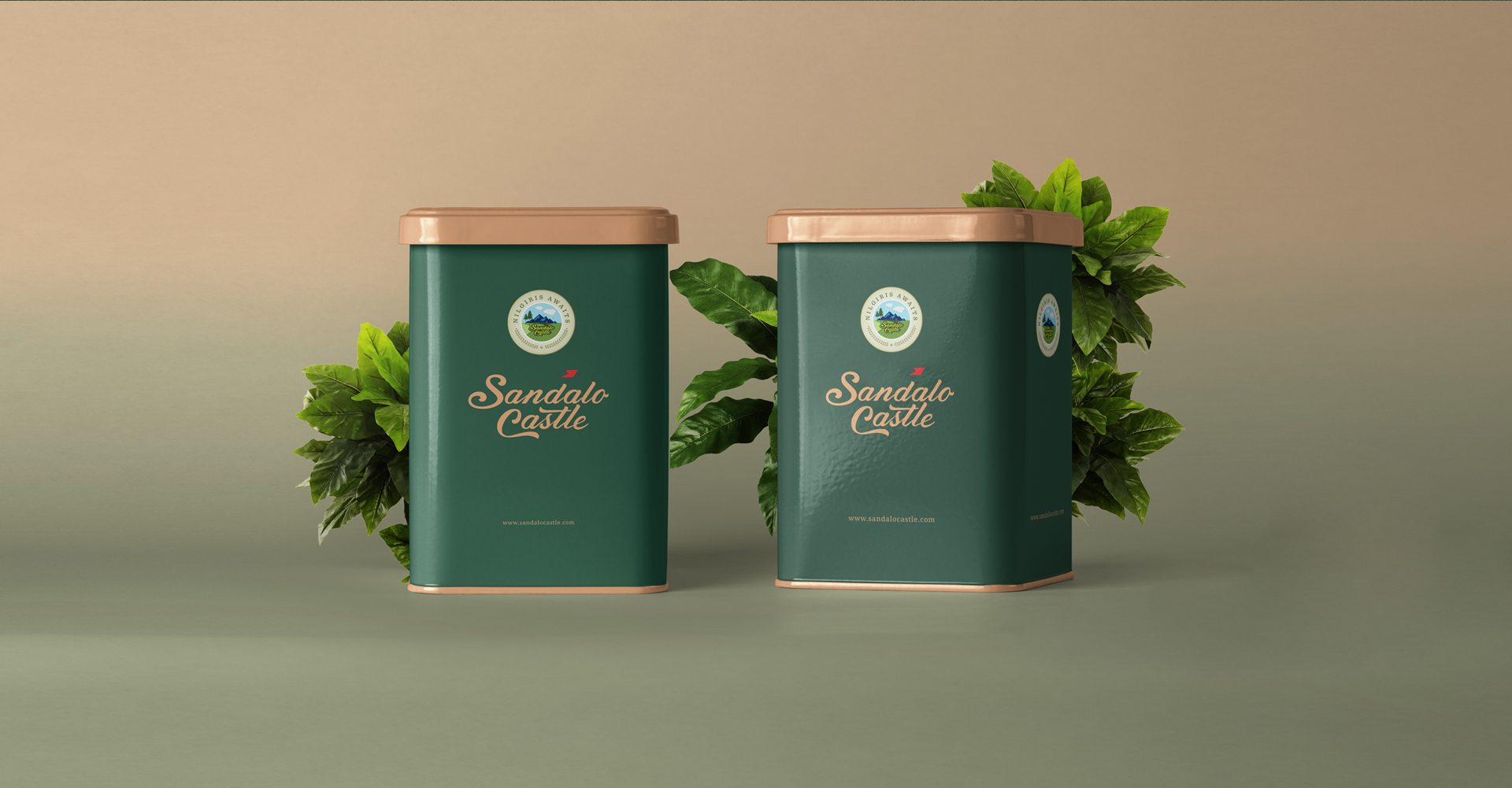 Two branded Sandalo Castle tins, one smooth and one with a subtle texture, are shown with bronze lids. Green leaves are arranged around the tins, suggesting a natural or organic product.
