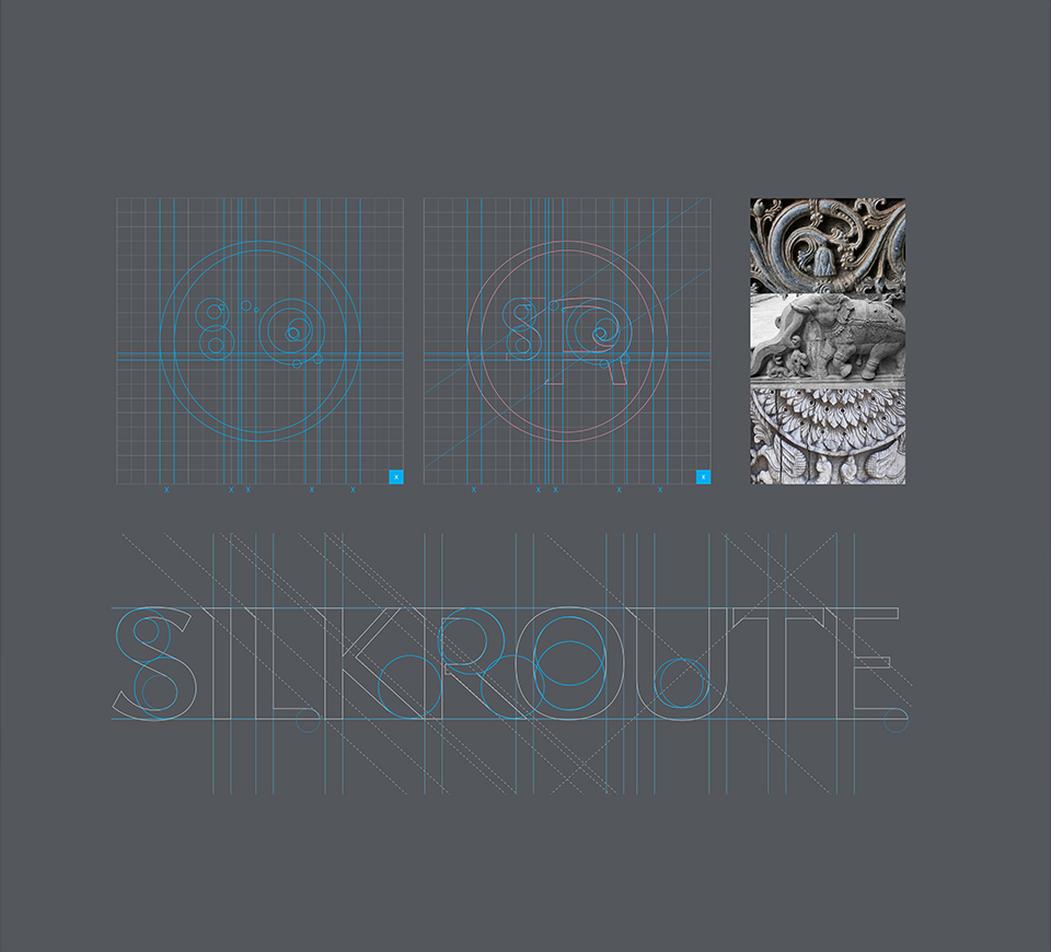 An image showcasing the logo and typography design process for Silk Route Escapes. The image includes grid overlays on the SR monogram and the SILKROUTE wordmark, demonstrating the logo's construction. It also features a small collage of traditional Indian carvings, including an elephant and intricate patterns, highlighting the brand's cultural inspiration.