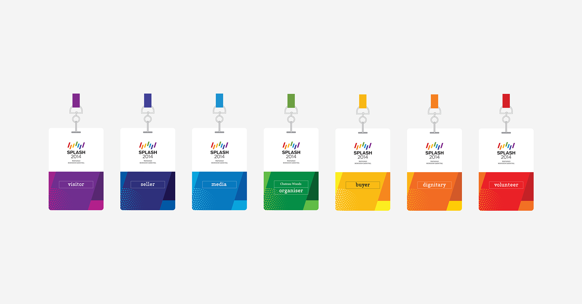 A row of seven colorful event badges for Splash, each with a different color scheme and label: visitor, seller, media, organiser, buyer, dignitary, and volunteer. The badges feature the Splash logo and are attached to lanyards of corresponding colors.