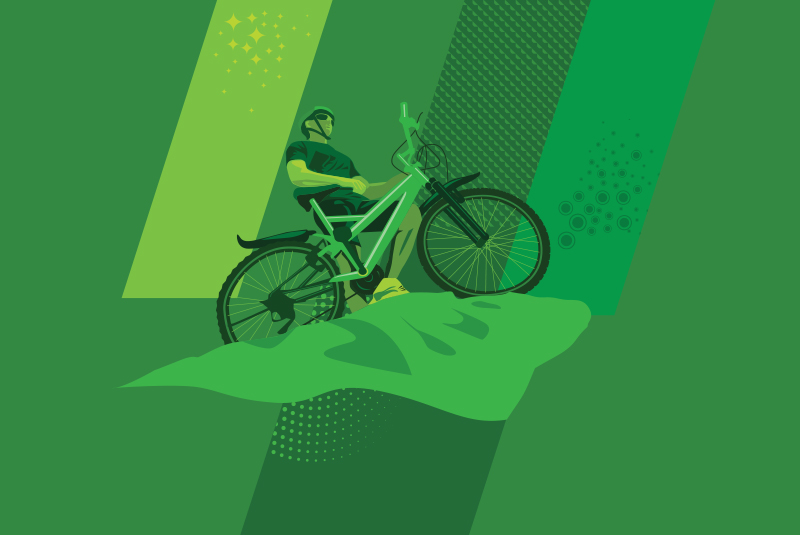 A dynamic green illustration of a cyclist on a mountain bike, positioned on a hill with abstract geometric and patterned backgrounds, created for the Splash event.