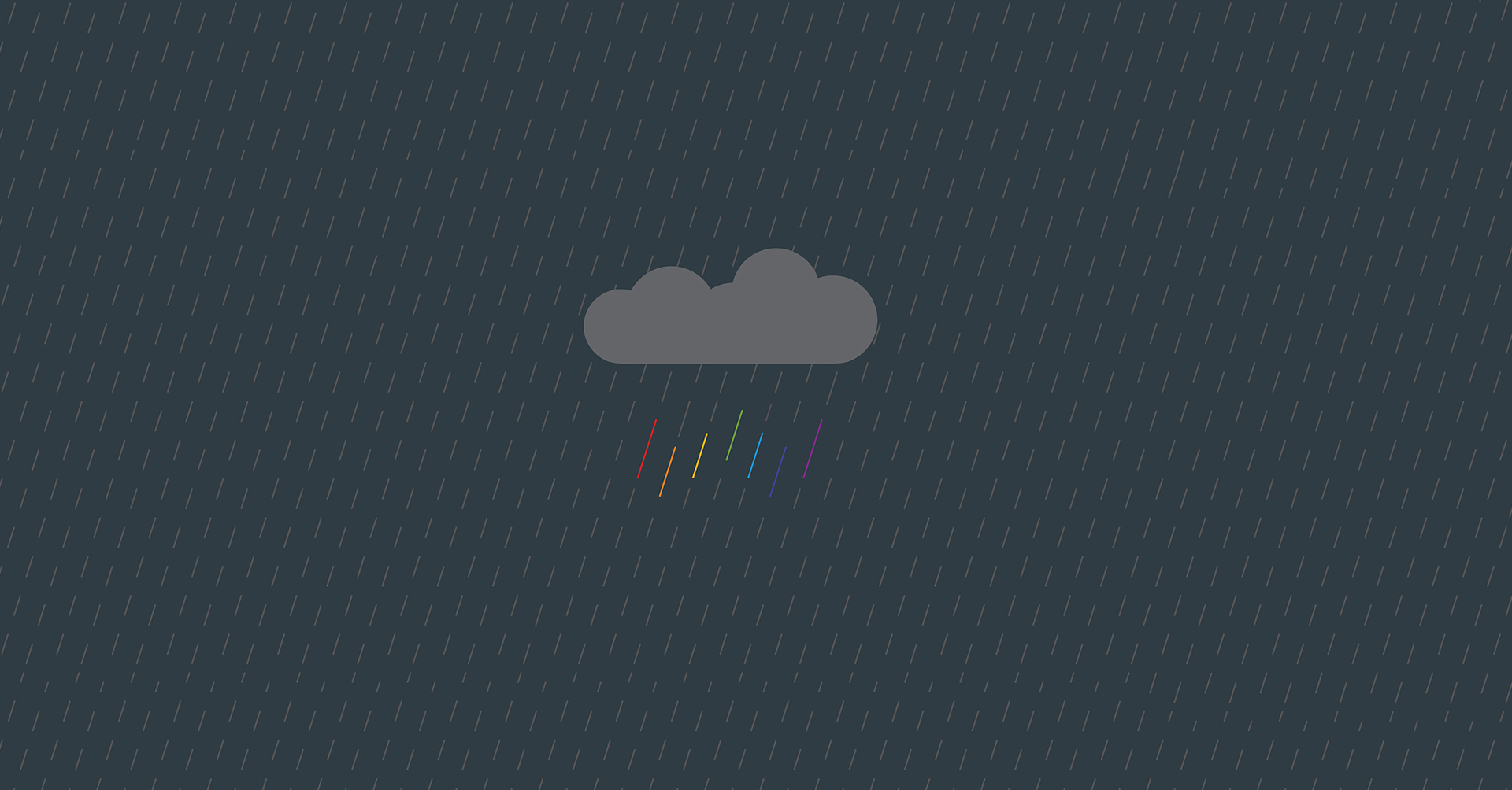 a minimal illustration of a dark gray cloud against a stormy, gray background, with subtle diagonal lines representing rain. Below the cloud, a rainbow is depicted as colorful streaks of light.
