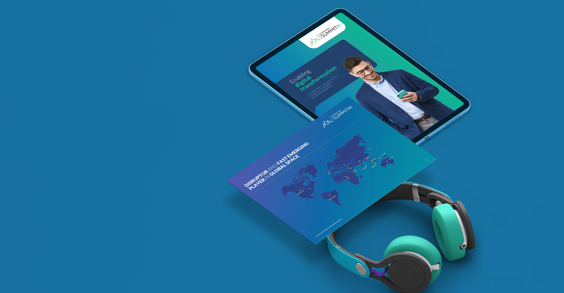 Digital transformation concept with tablet showing business professional, global strategy document, and headphones – corporate innovation and technology illustration