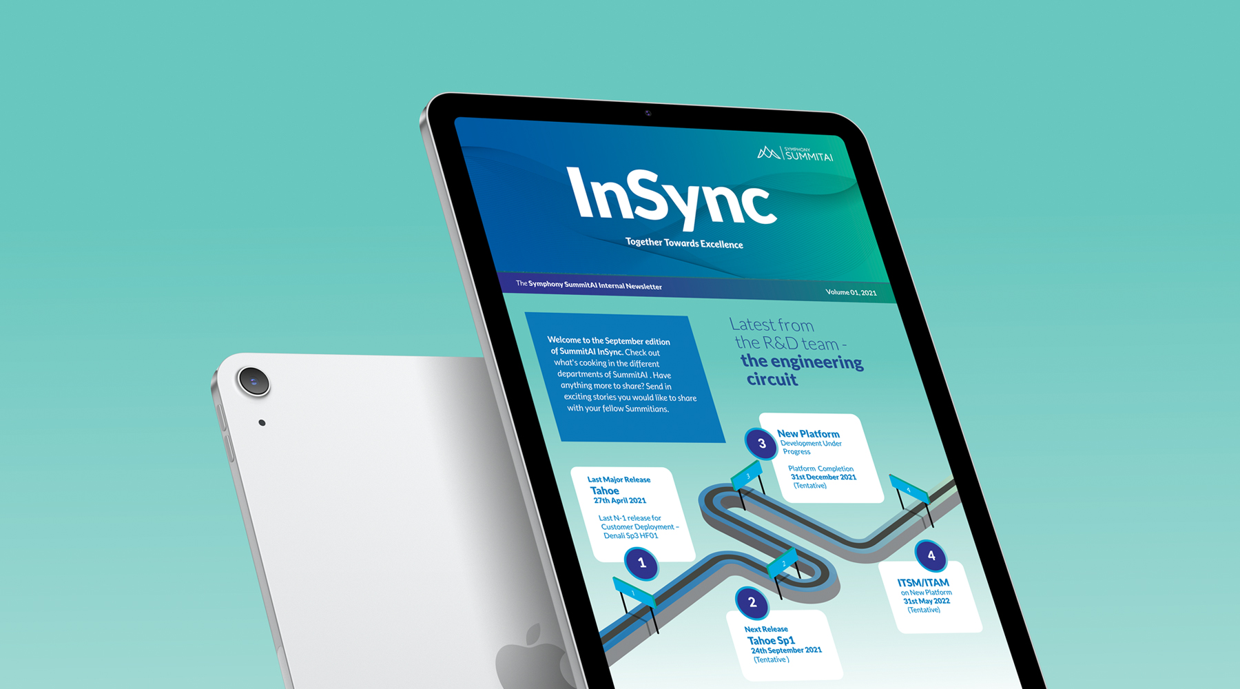 Symphony SummitAI digital transformation brochure and tablet display with global reach map and headphones