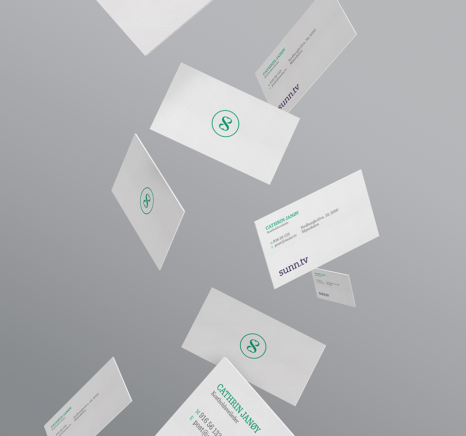Multiple business cards for Cathrin Janøy from sunn.tv, featuring the company logo and contact details, floating against a gray background