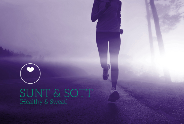 A silhouette of a person jogging on a path through a foggy, misty morning landscape. The sun shines brightly on the right, casting a dramatic light. The text SUNT & SOTT and the tagline Healthy & Sweat, along with a heart icon, are superimposed over the image.