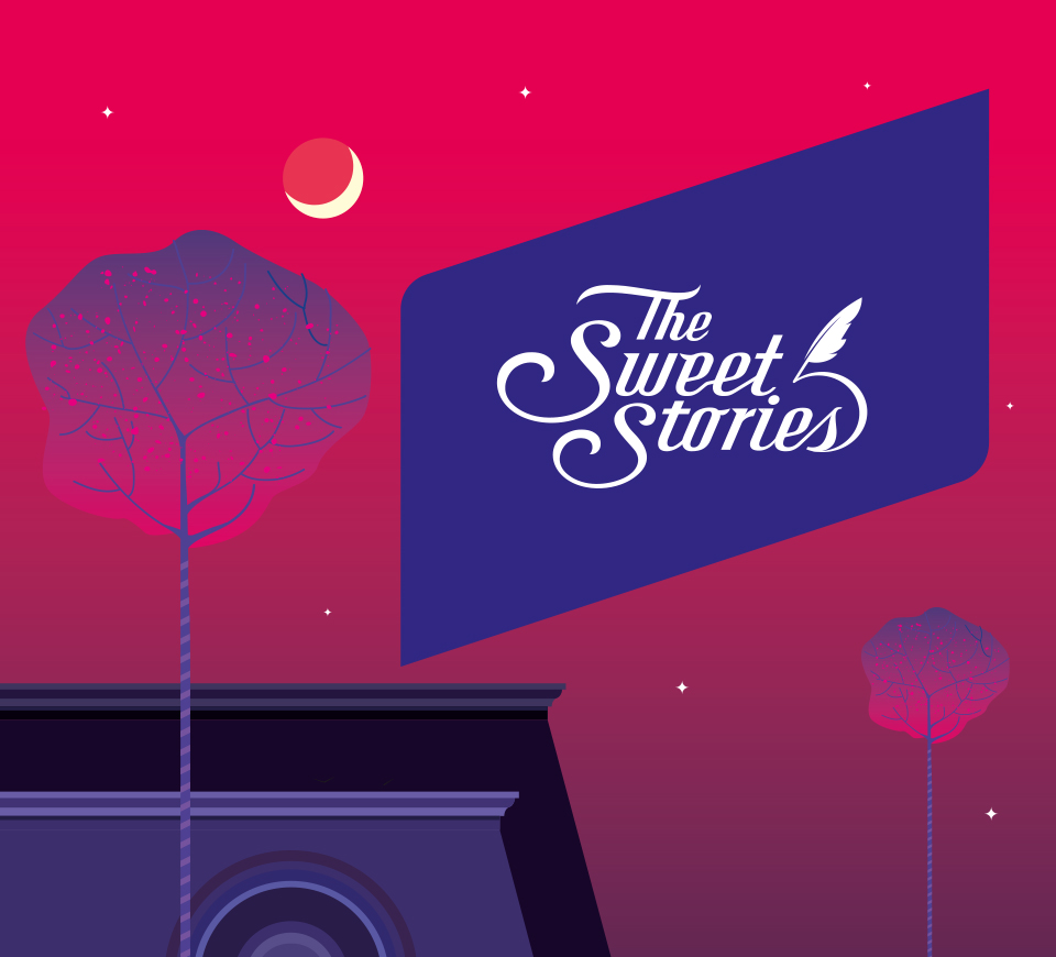 The Sweet Stories premium sweet box packaging illustrated background 