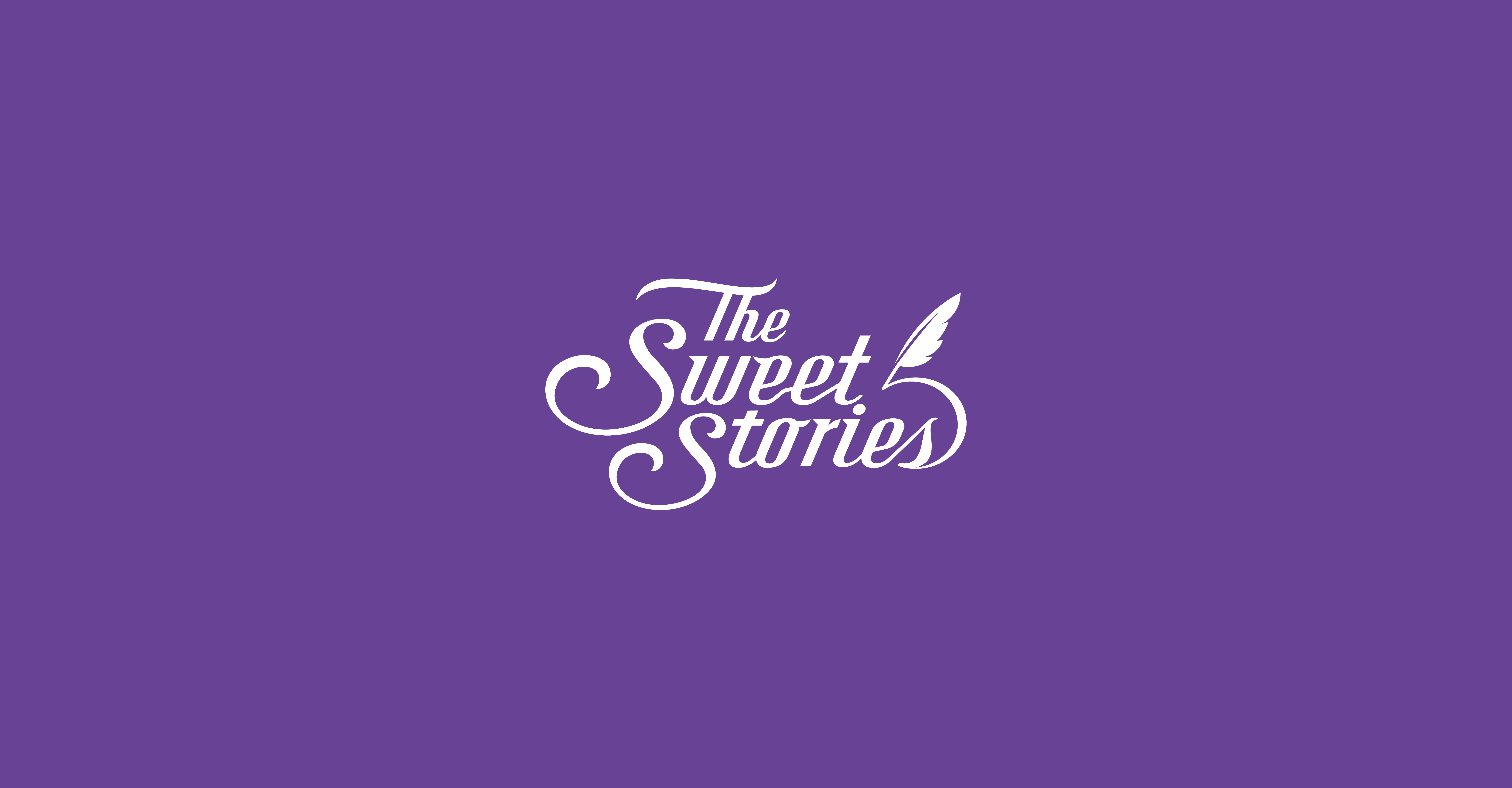 The Sweet Stories logo with elegant script font and feather pen on purple background