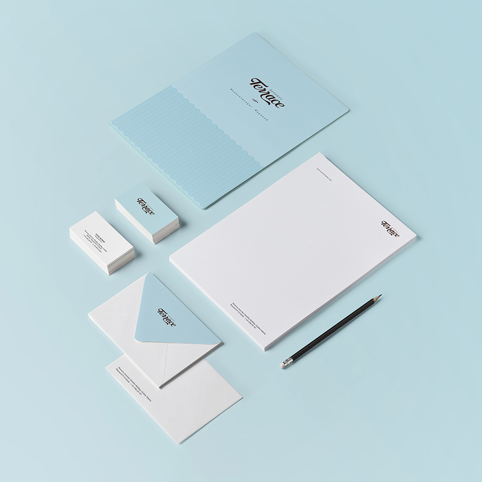 A collection of Terrace Resorts branding materials on a light blue background. The items include a large and a small notebook, a mailing tube, business cards, a letterhead on a stack of papers, a small notepad, and a pencil.