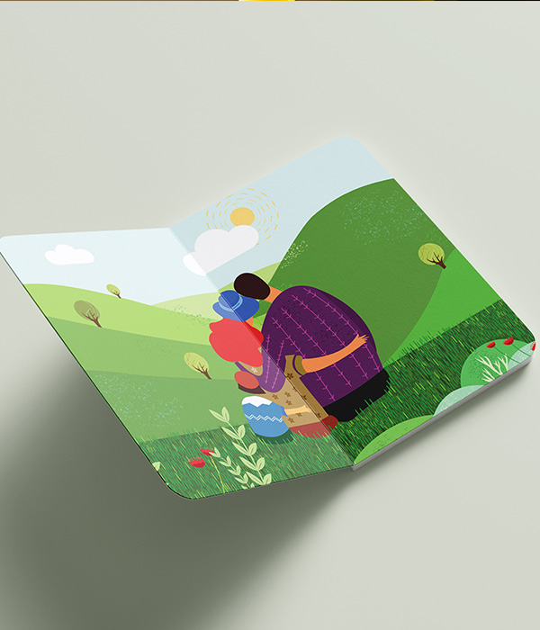 A stylized illustration on a pop-up card for a vacation club, depicting a person gathering flowers 
                in a peaceful, green countryside scene.