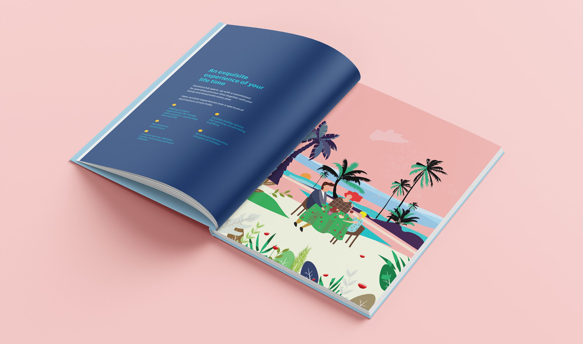 Vacationclub brochure showing a couple enjoying a tropical beach picnic under palm trees with ocean views, representing luxury travel and serene holidays
