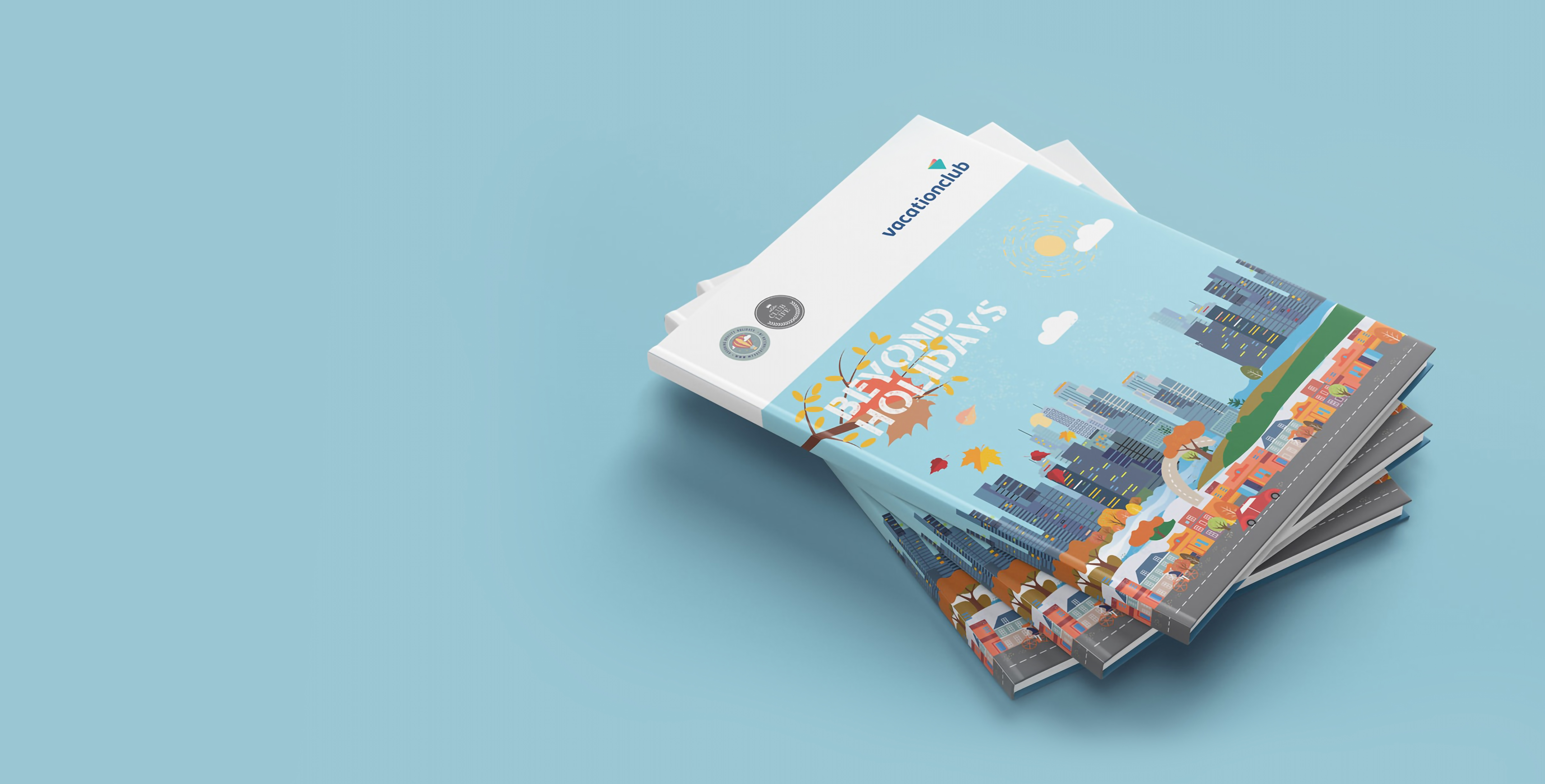 Vacationclub Book with city skyline illustration, autumn trees, and the text 'Beyond Holidays' showcasing urban travel experiences and premium holiday membership