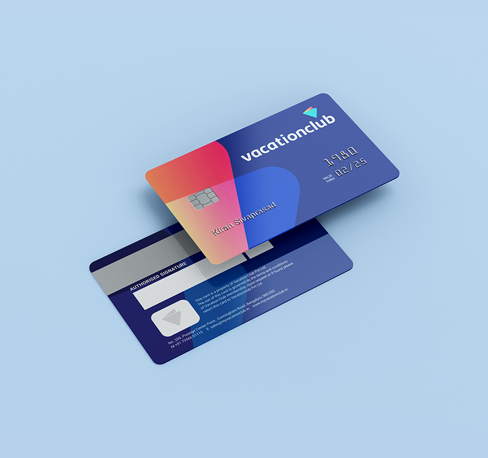 Vacationclub membership card with colorful design, featuring Kiran Shivaprasad's name and 'Valid Thru 02/25' date.